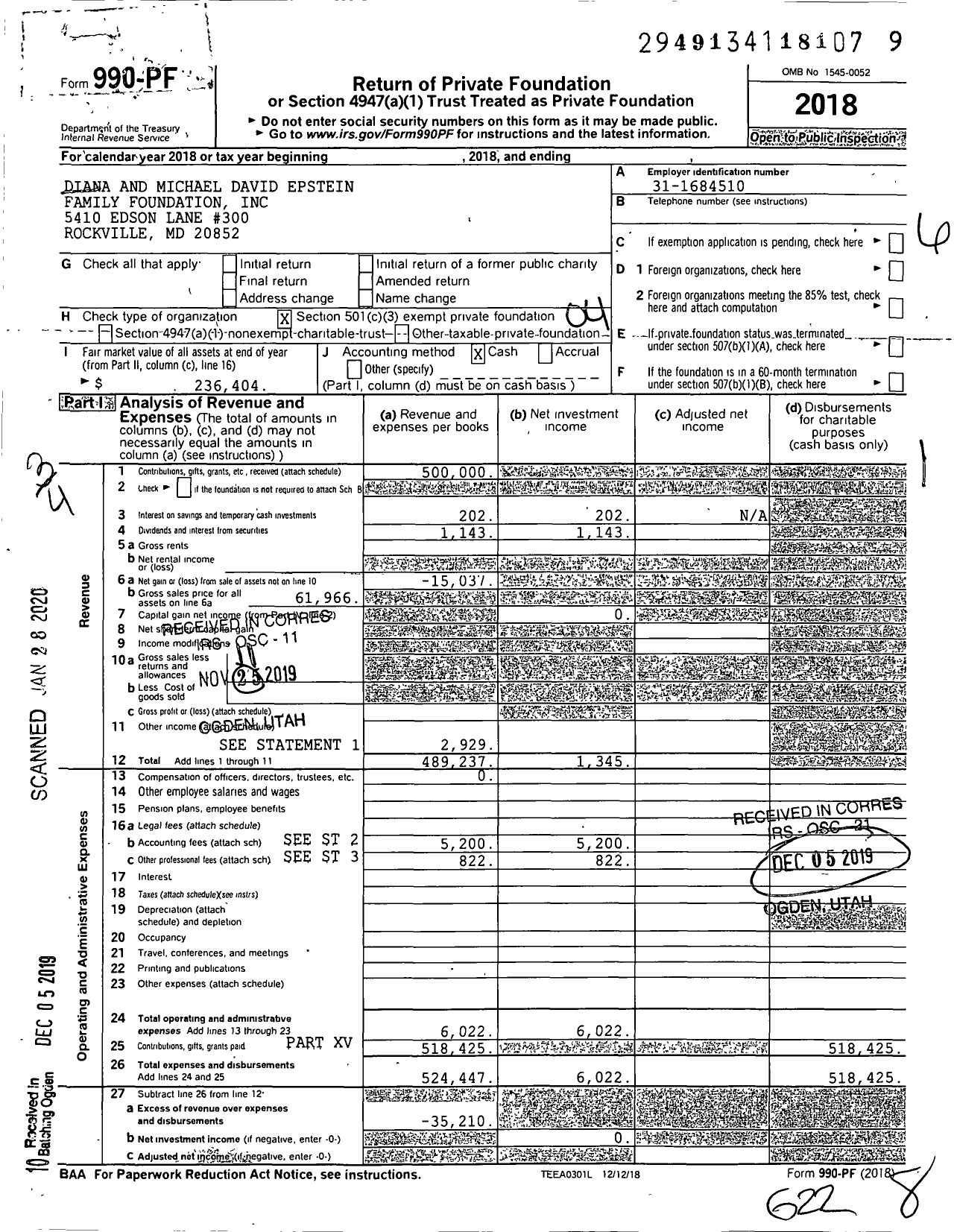 Image of first page of 2018 Form 990PF for Diana and Michael David Epstein Family Foundation