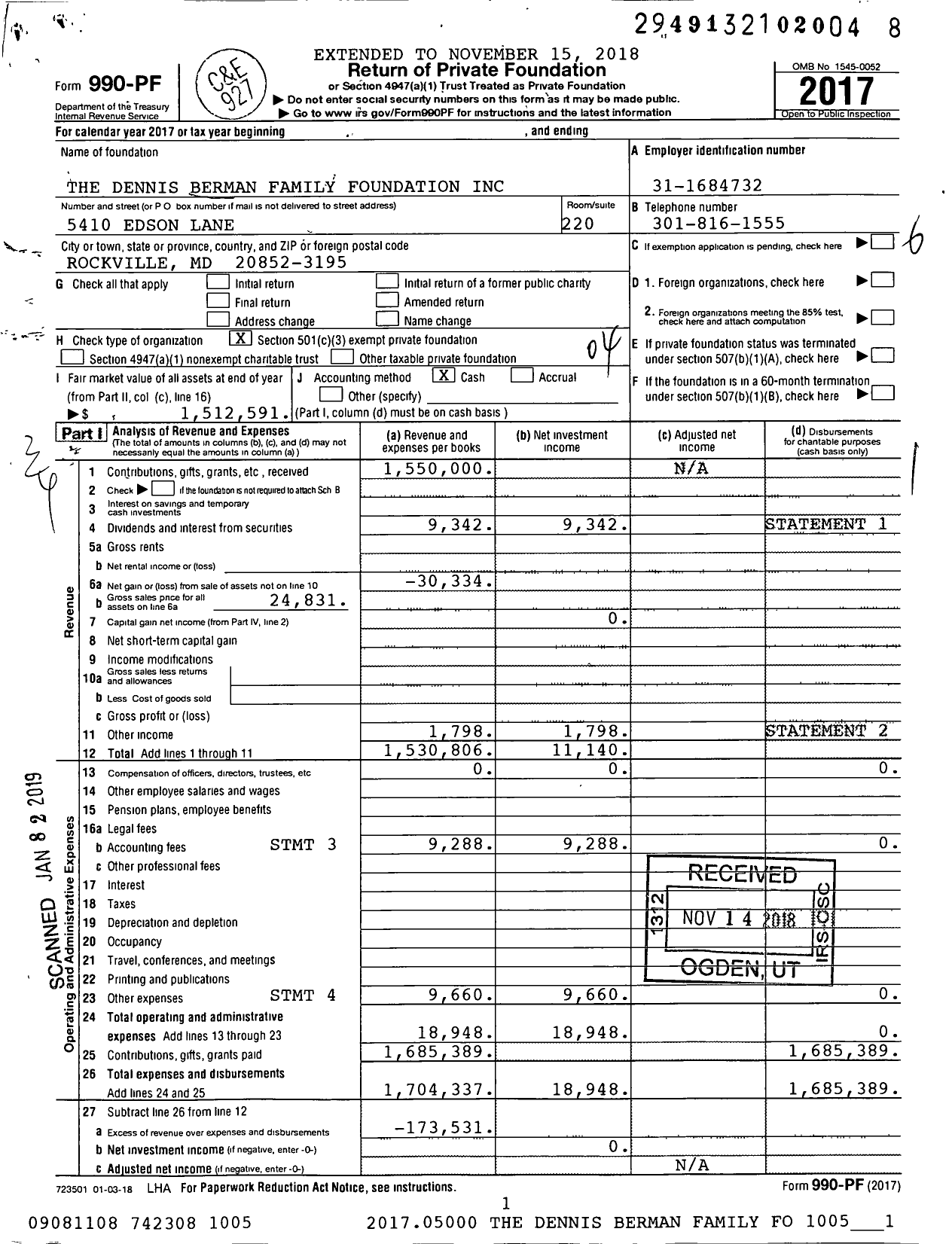 Image of first page of 2017 Form 990PF for The Dennis Berman Family Foundation