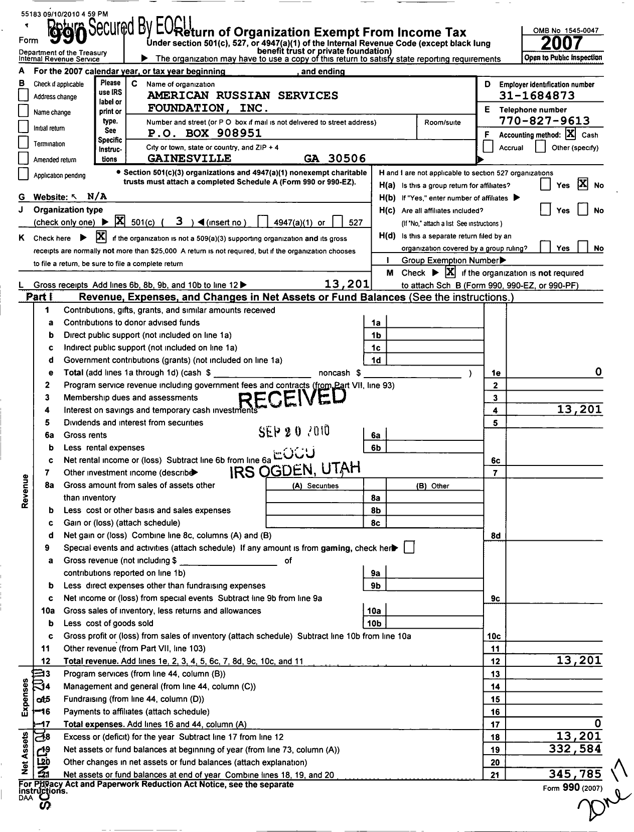 Image of first page of 2007 Form 990 for American Russian Services Foundation