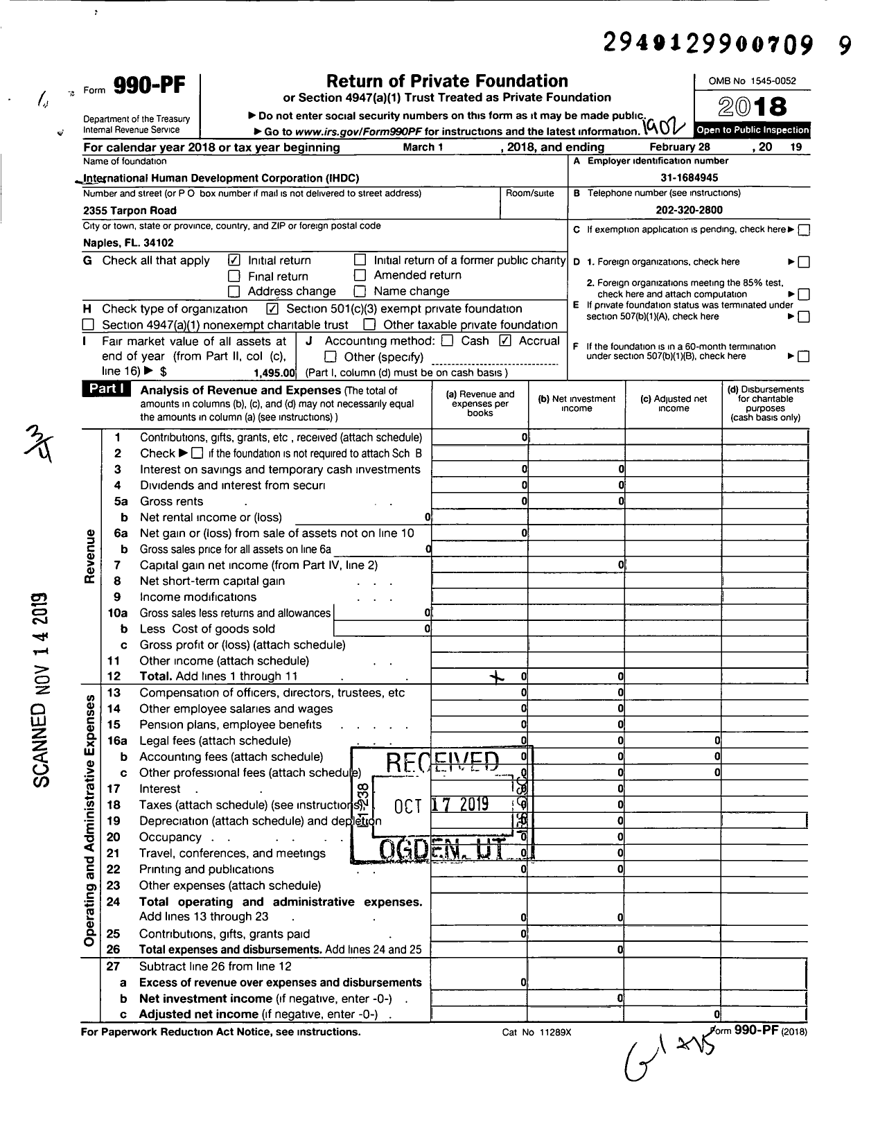 Image of first page of 2018 Form 990PF for International Human Development Corporation (IHDC)