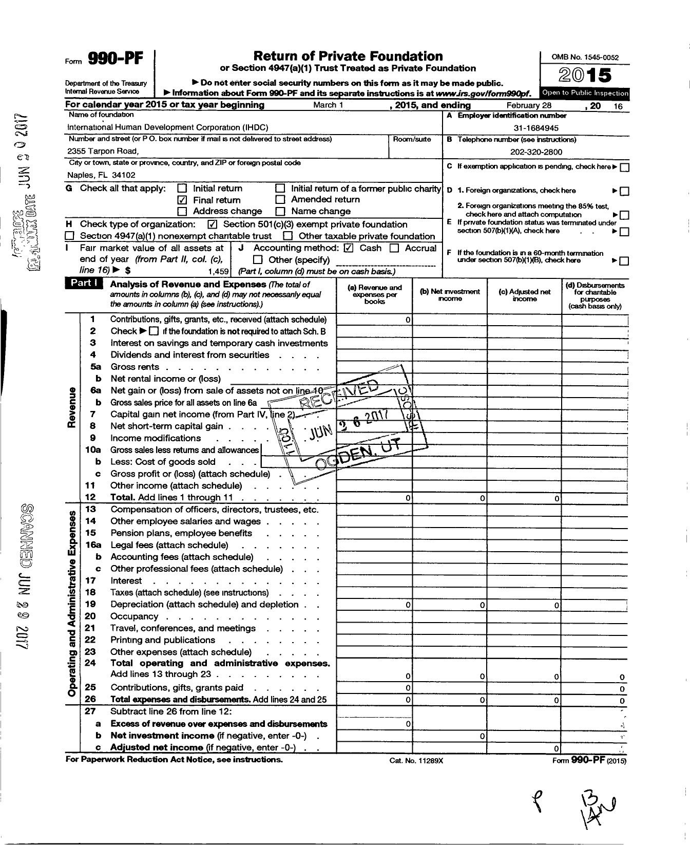 Image of first page of 2015 Form 990PF for International Human Development Corporation (IHDC)