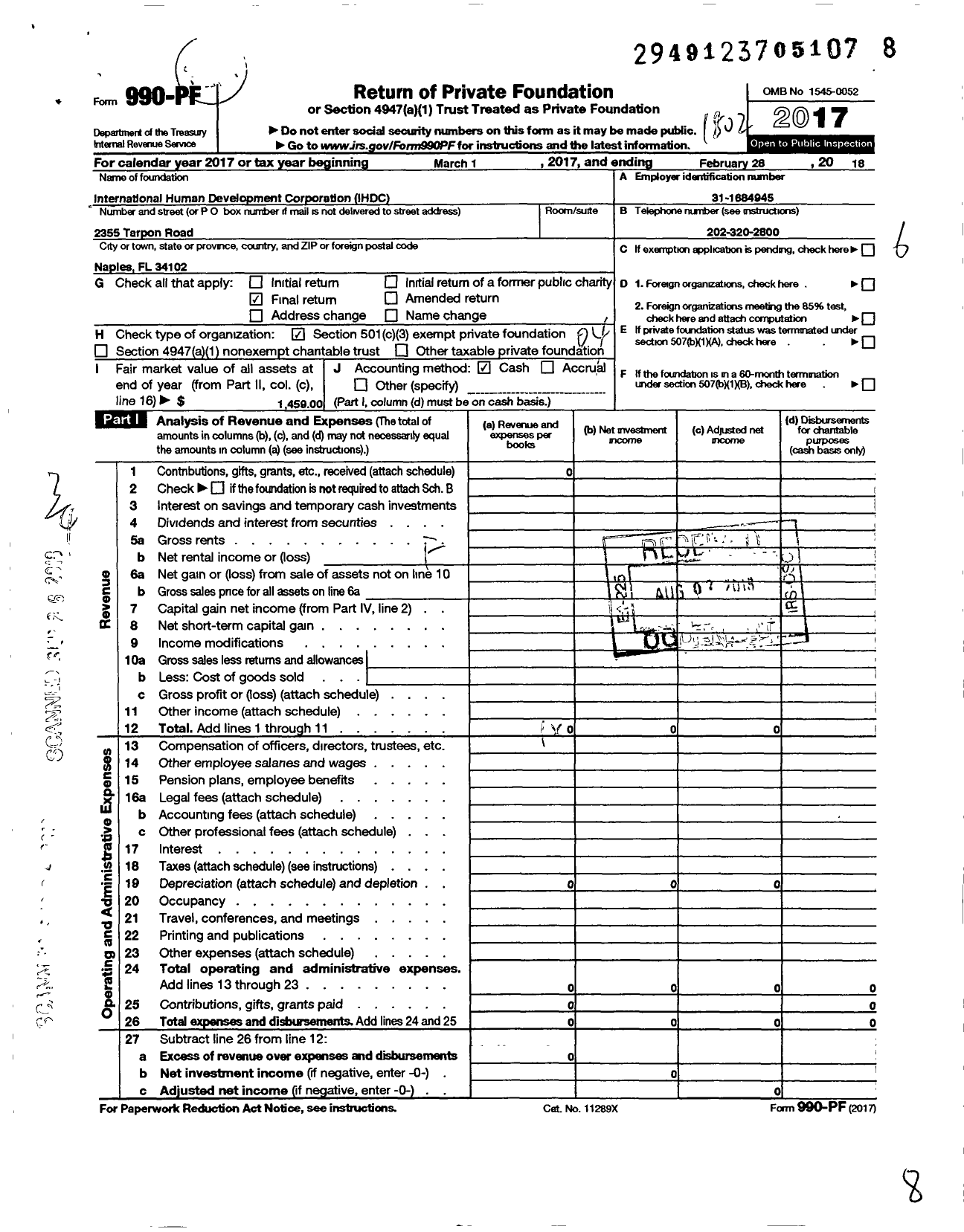 Image of first page of 2017 Form 990PF for International Human Development Corporation (IHDC)