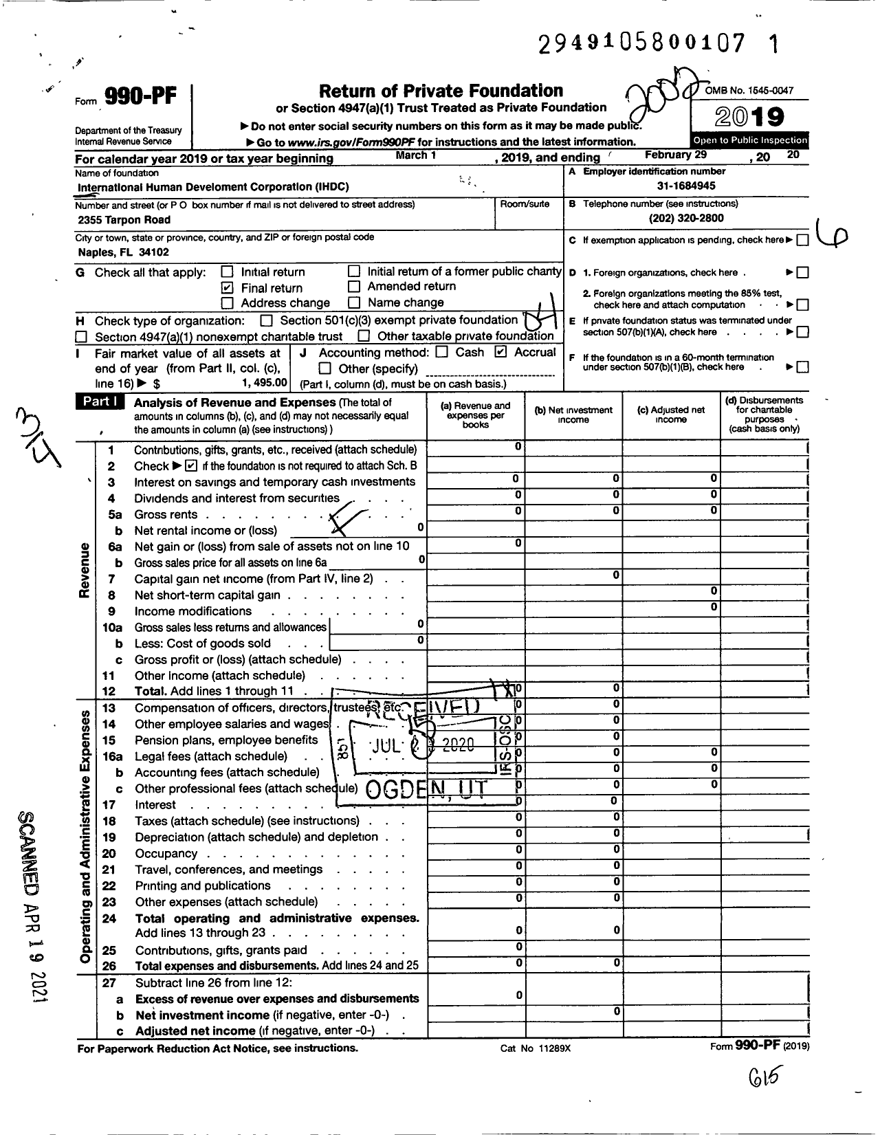 Image of first page of 2019 Form 990PF for International Human Development Corporation (IHDC)