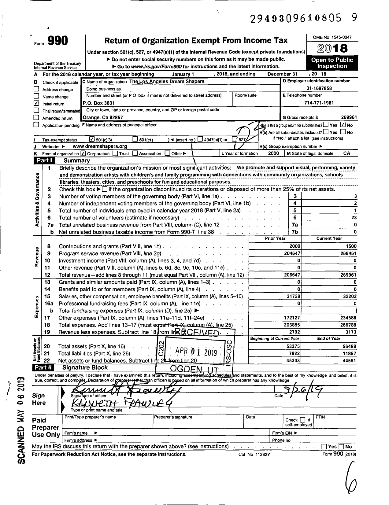 Image of first page of 2018 Form 990 for Los Angeles Dream Dreamshapers