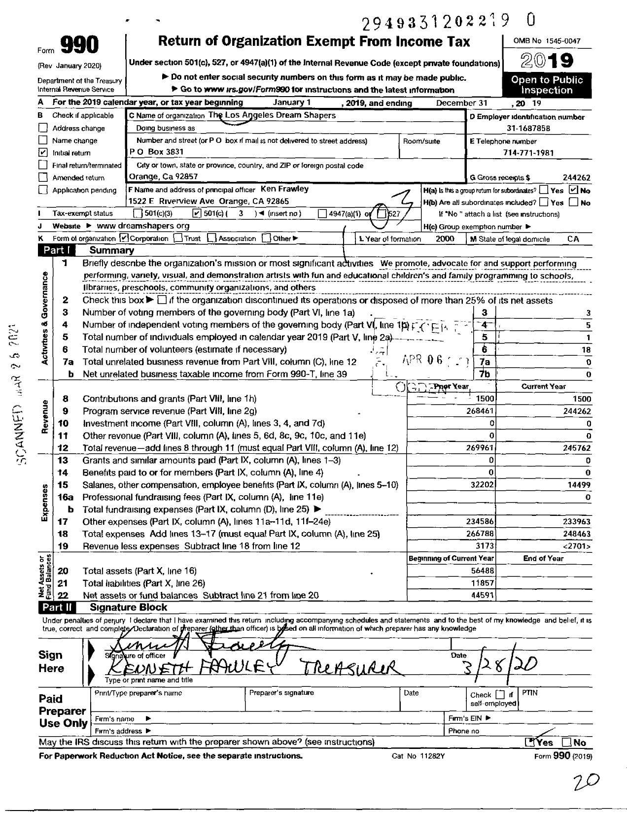 Image of first page of 2019 Form 990 for Los Angeles Dream Dreamshapers