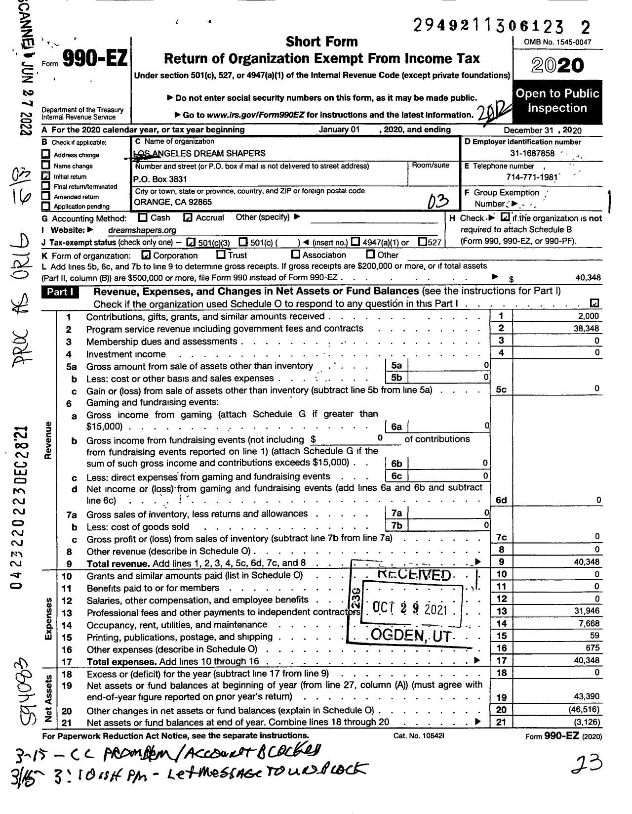 Image of first page of 2020 Form 990EZ for Los Angeles Dream Dreamshapers