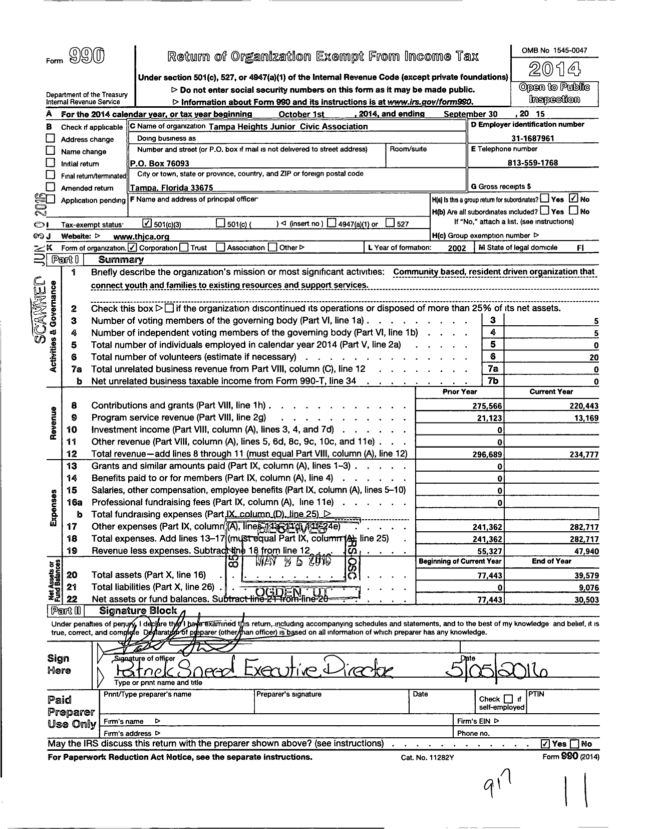 Image of first page of 2014 Form 990 for Tampa Heights Junior Civic Association
