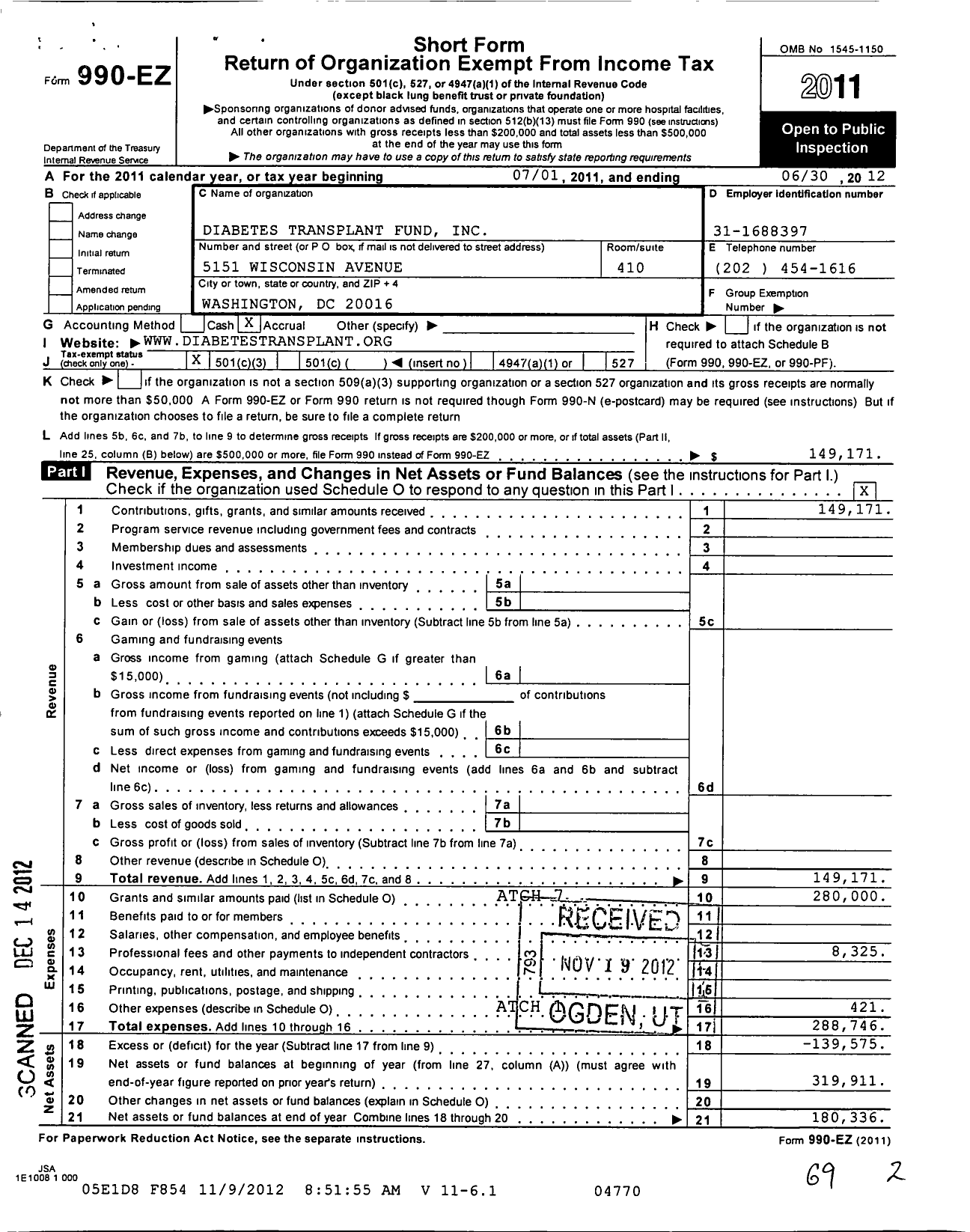 Image of first page of 2011 Form 990EZ for Diabetes Transplant Fund