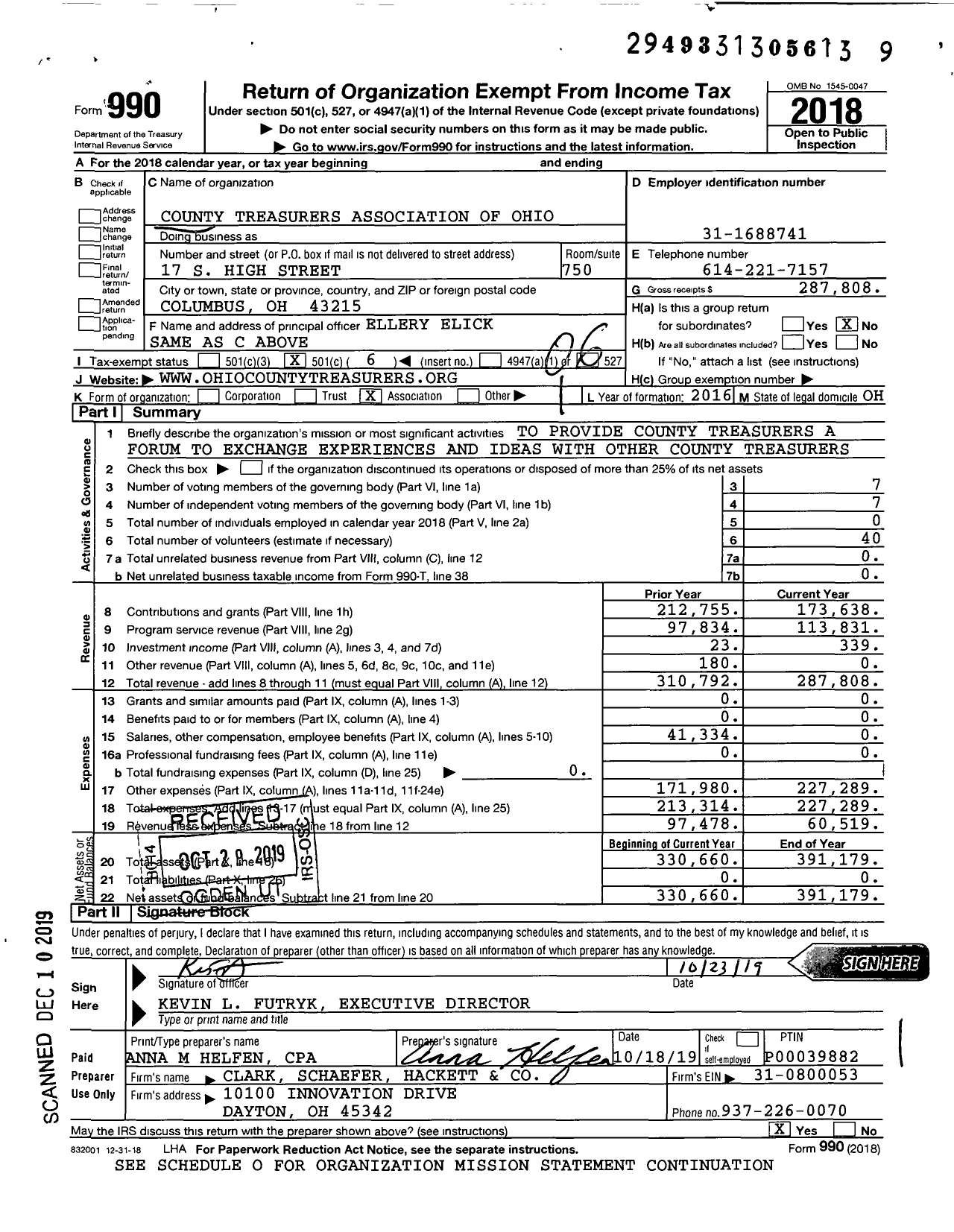 Image of first page of 2018 Form 990O for County Treasurers Association of Ohio