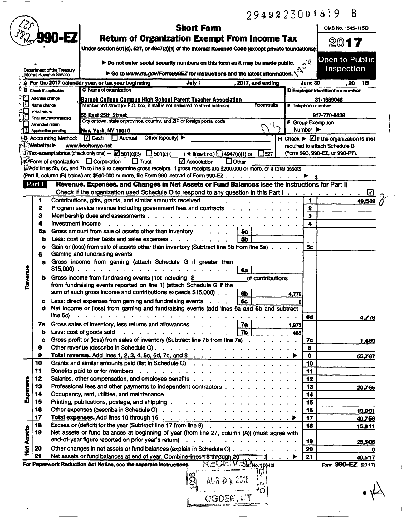 Image of first page of 2017 Form 990EZ for Baruch College Campus High School Parent Teacher Association (BCCHS PTA)