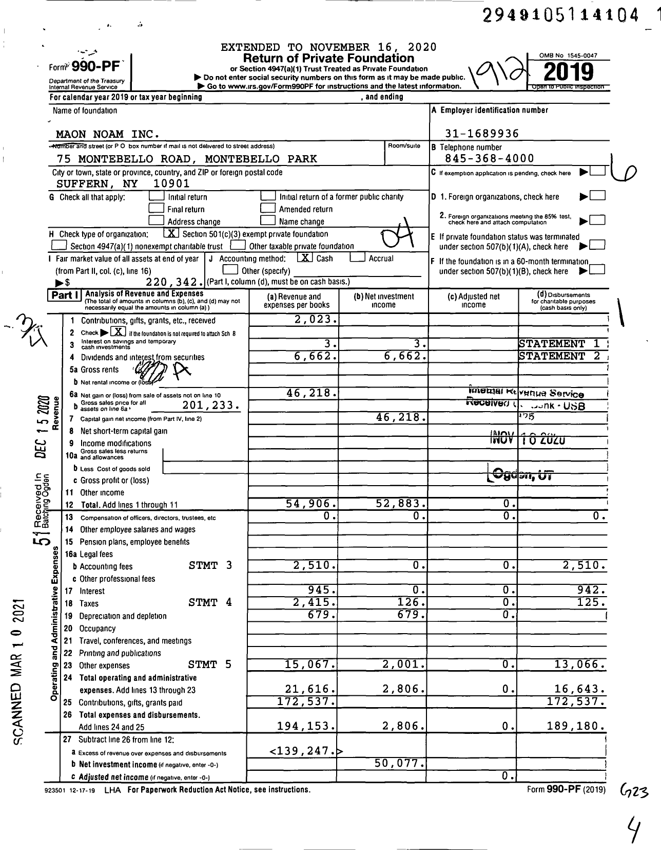 Image of first page of 2019 Form 990PF for Maon Noam