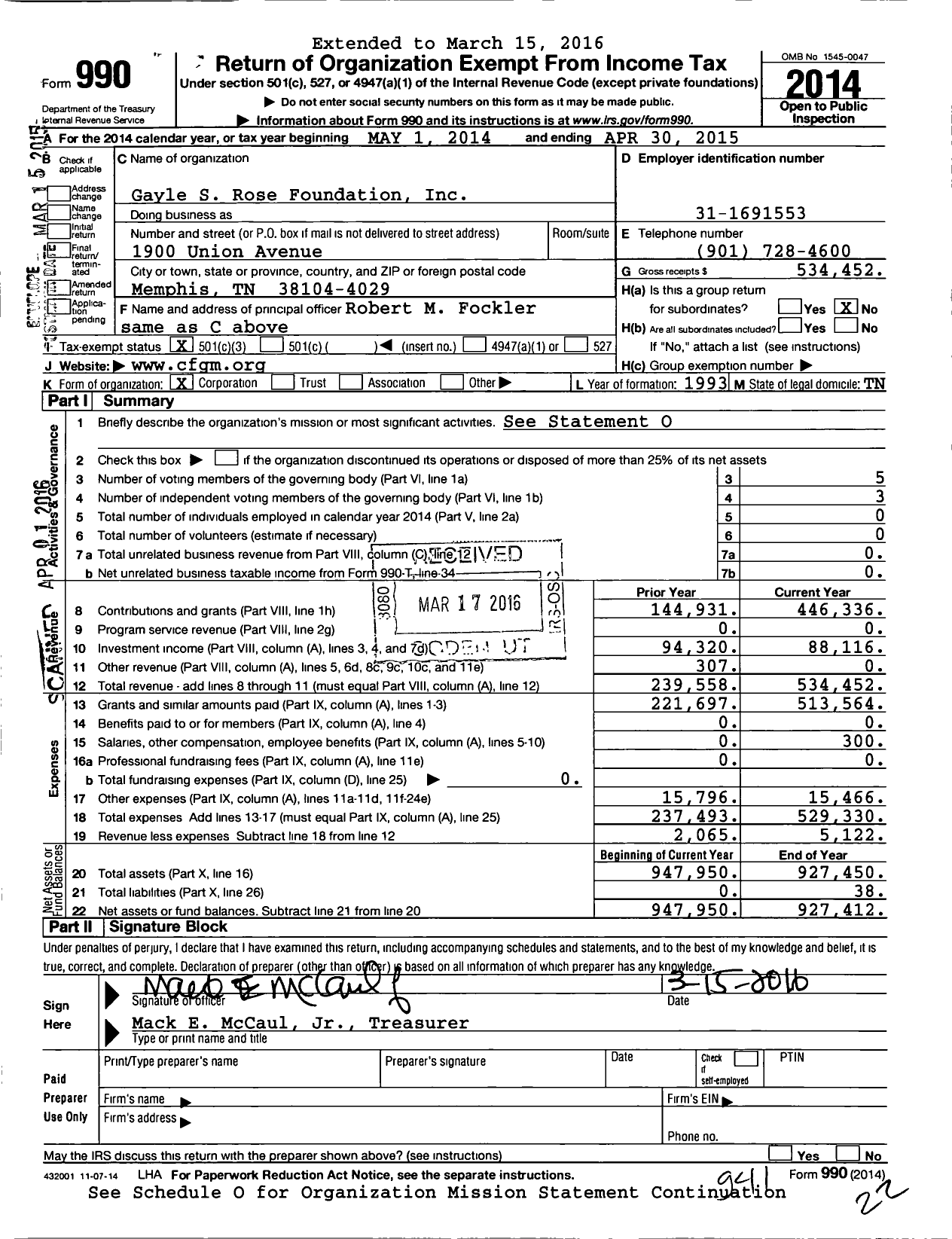 Image of first page of 2014 Form 990 for Gayle S Rose Foundation