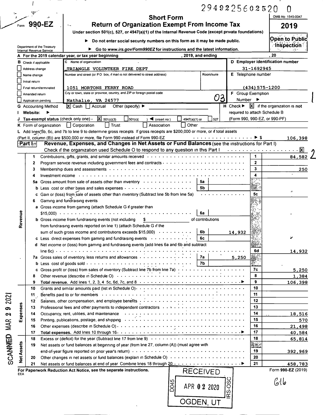 Image of first page of 2019 Form 990EZ for Triangle Volunteer Fire Dept