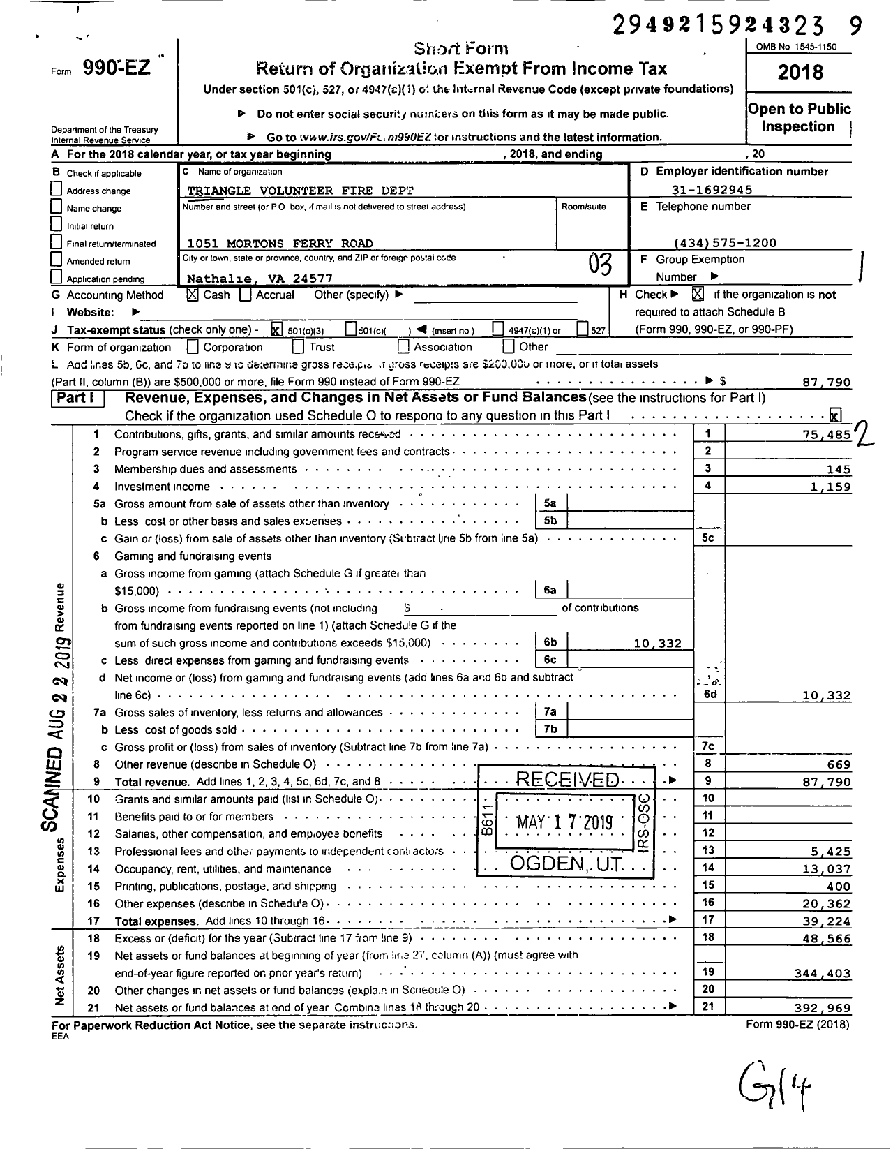 Image of first page of 2018 Form 990EZ for Triangle Volunteer Fire Dept