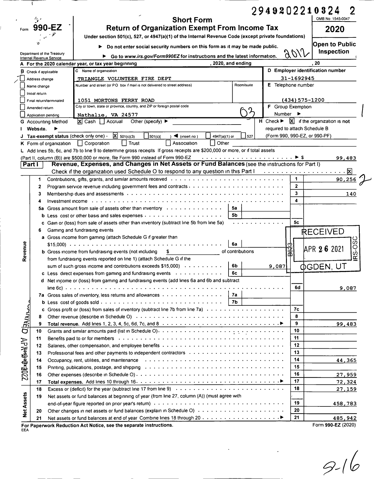 Image of first page of 2020 Form 990EZ for Triangle Volunteer Fire Dept