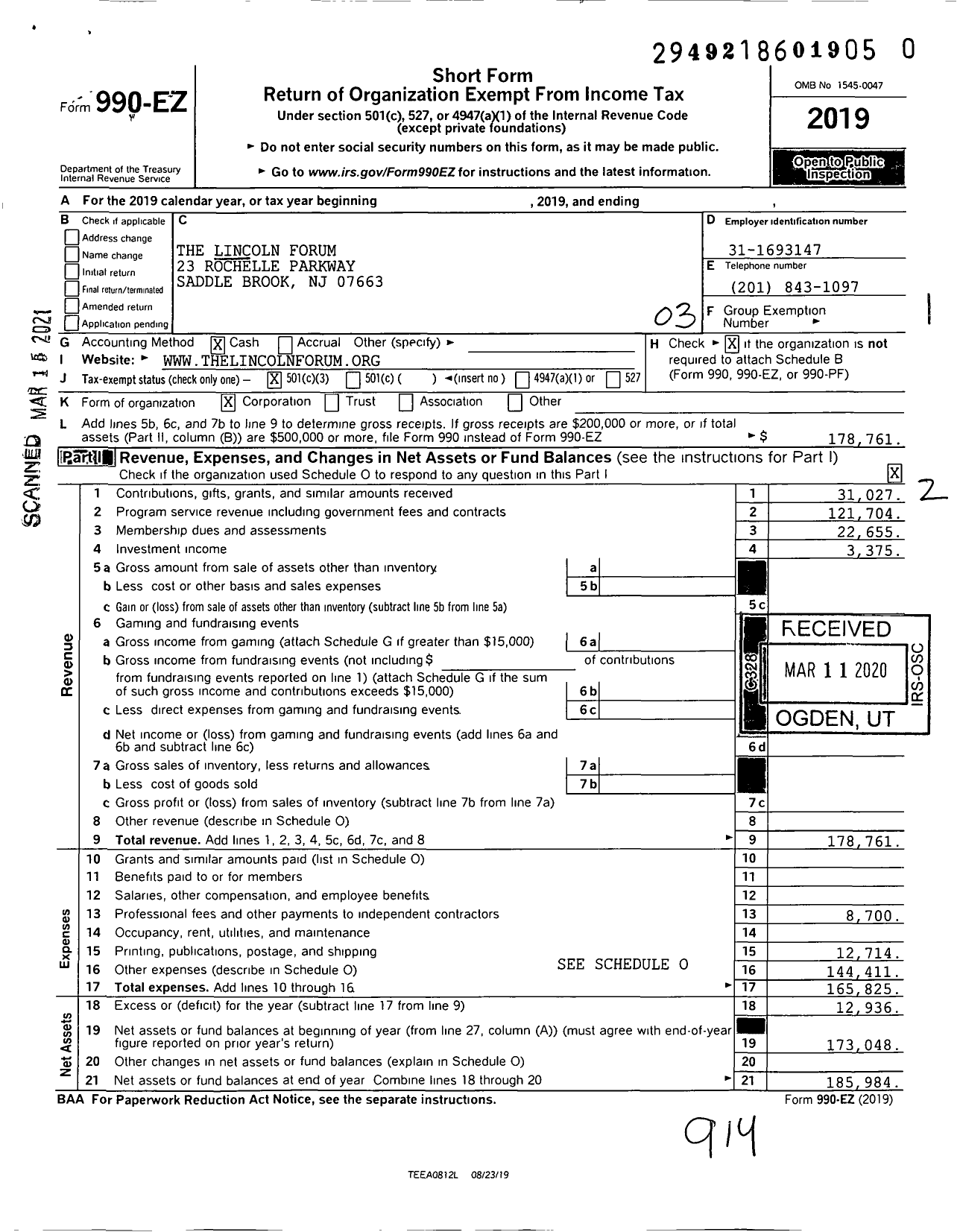 Image of first page of 2019 Form 990EZ for The Lincoln Forum