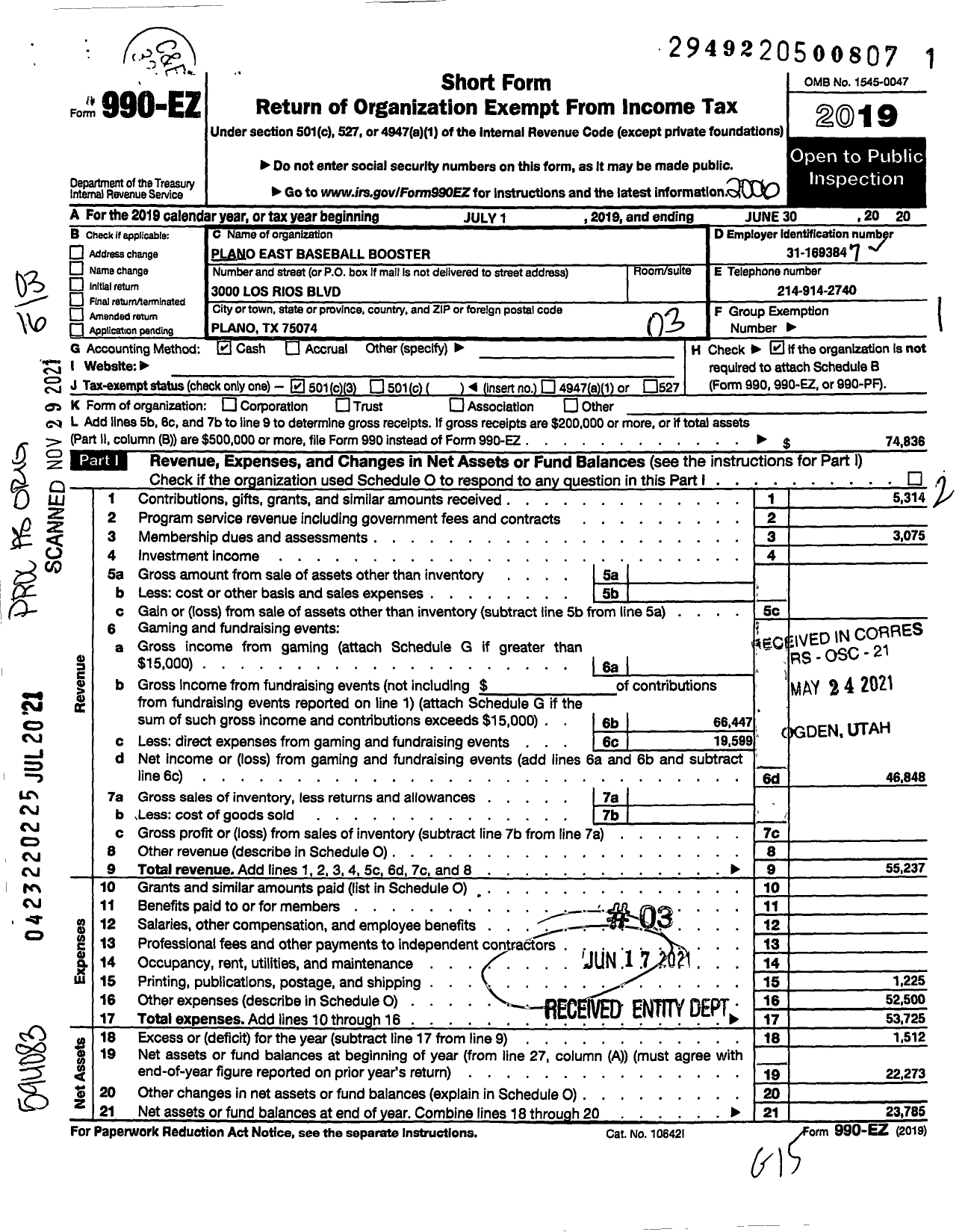 Image of first page of 2019 Form 990EZ for Plano East Baseball Booster Club