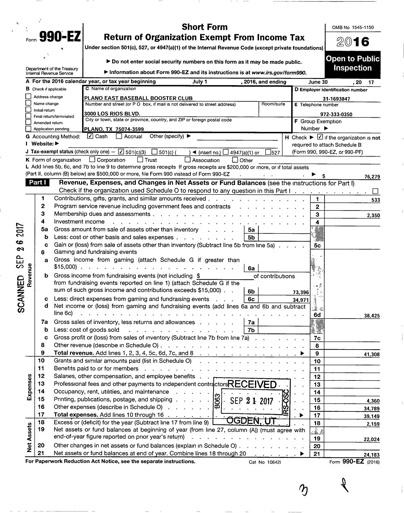 Image of first page of 2016 Form 990EZ for Plano East Baseball Booster Club