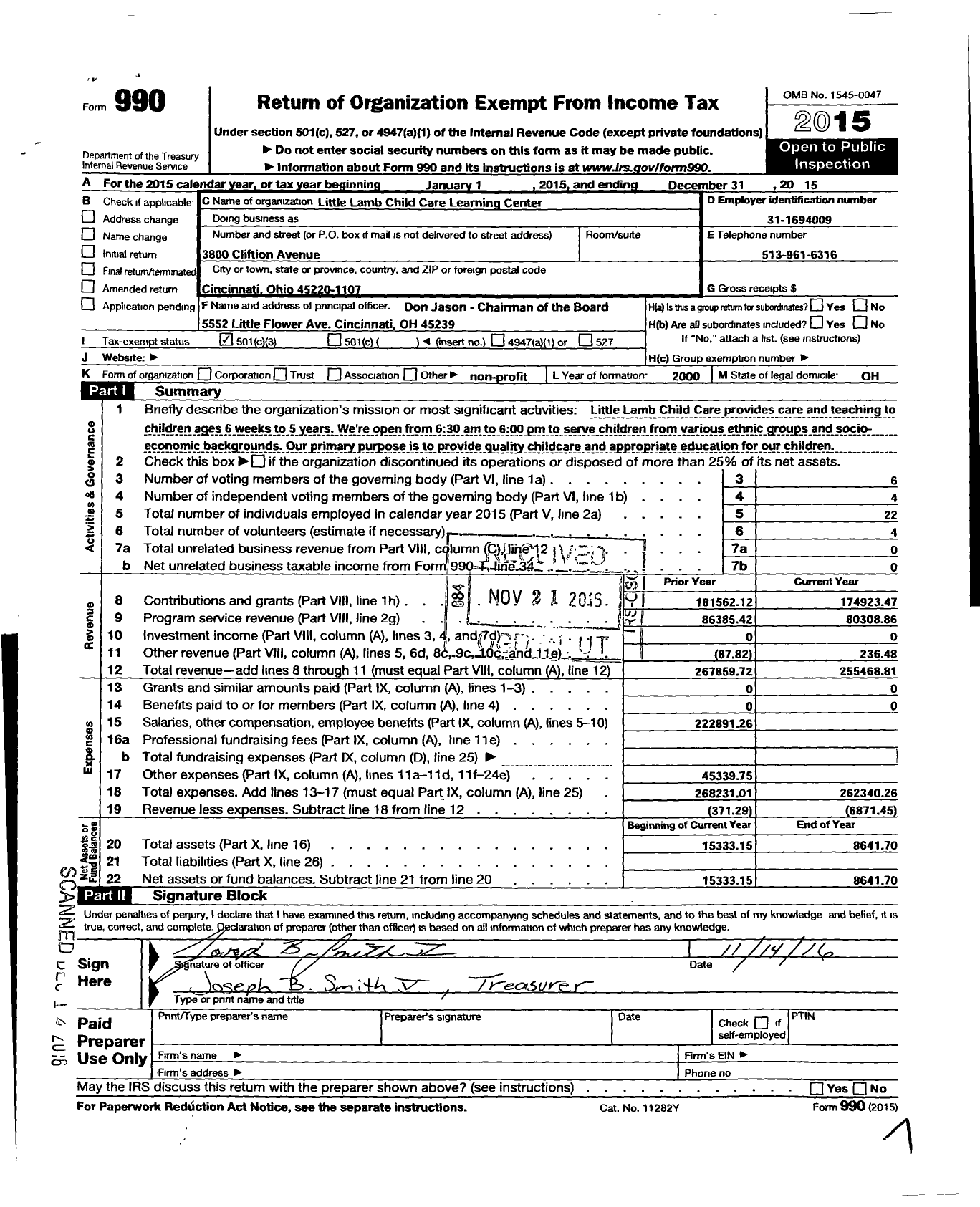 Image of first page of 2015 Form 990 for Little Lamb Child Care Learning Center