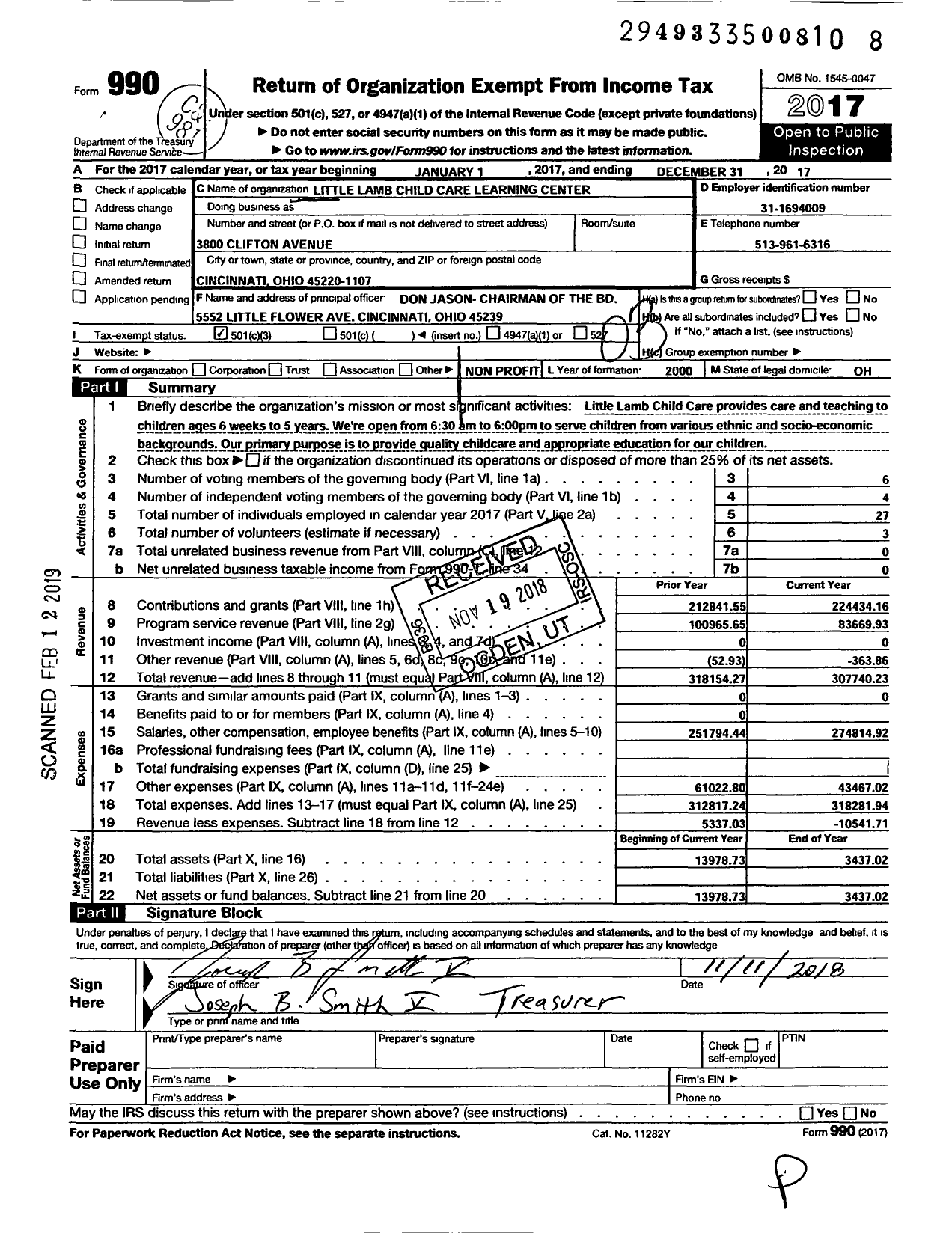 Image of first page of 2017 Form 990 for Little Lamb Child Care Learning Center