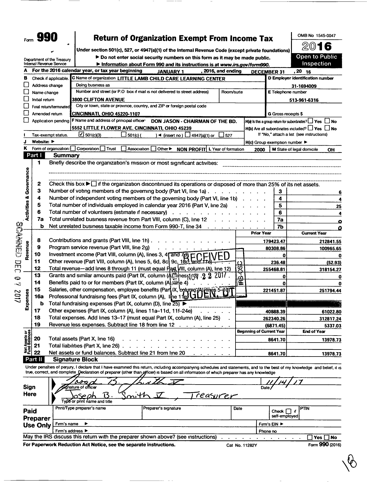 Image of first page of 2016 Form 990 for Little Lamb Child Care Learning Center