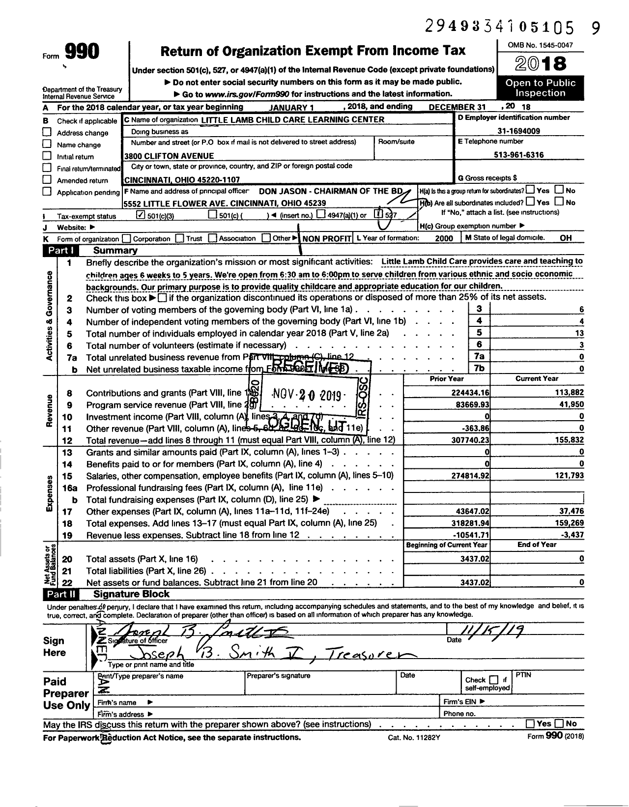 Image of first page of 2018 Form 990 for Little Lamb Child Care Learning Center