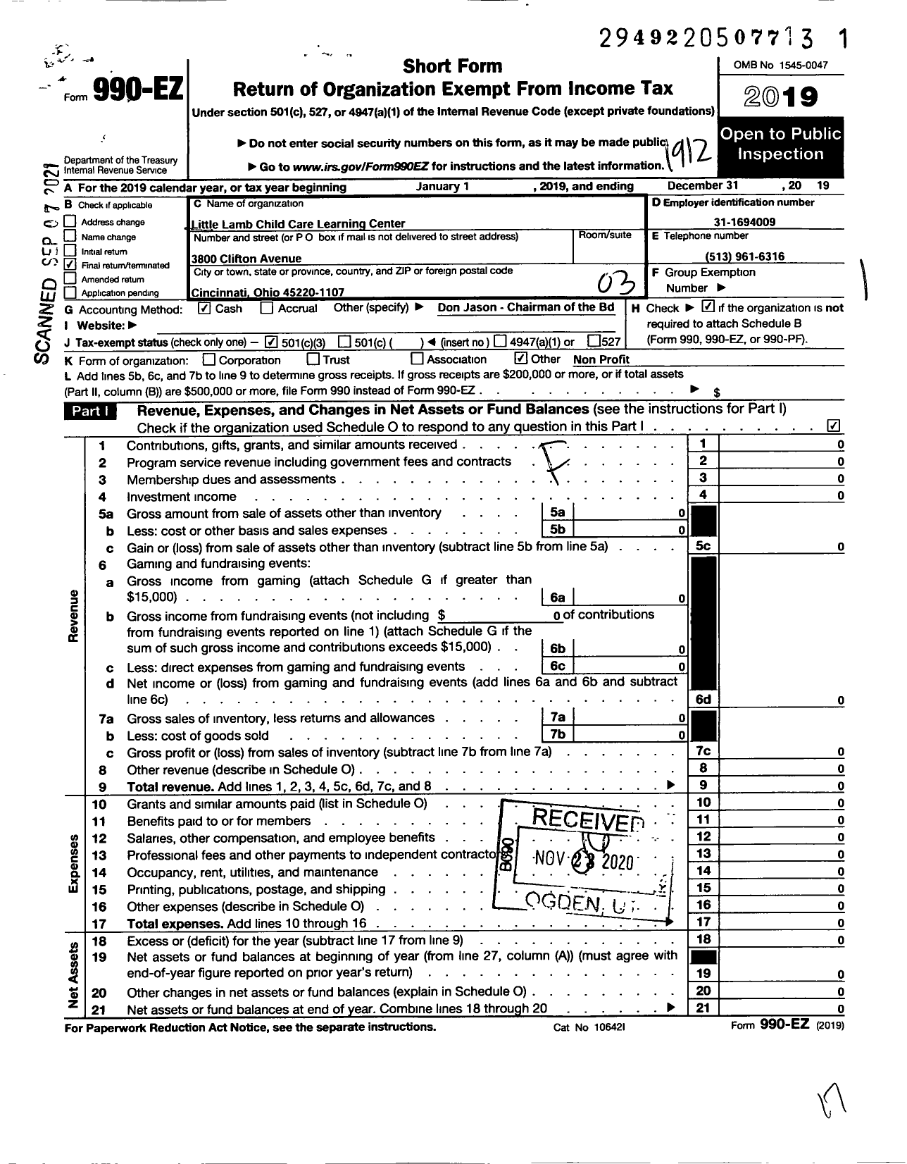 Image of first page of 2019 Form 990EZ for Little Lamb Child Care Learning Center