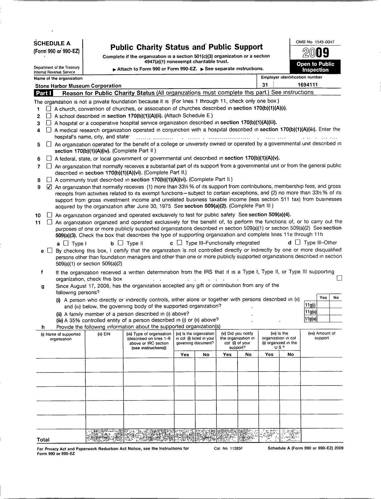 Image of first page of 2009 Form 990ER for Stone Harbor Museum Corporation