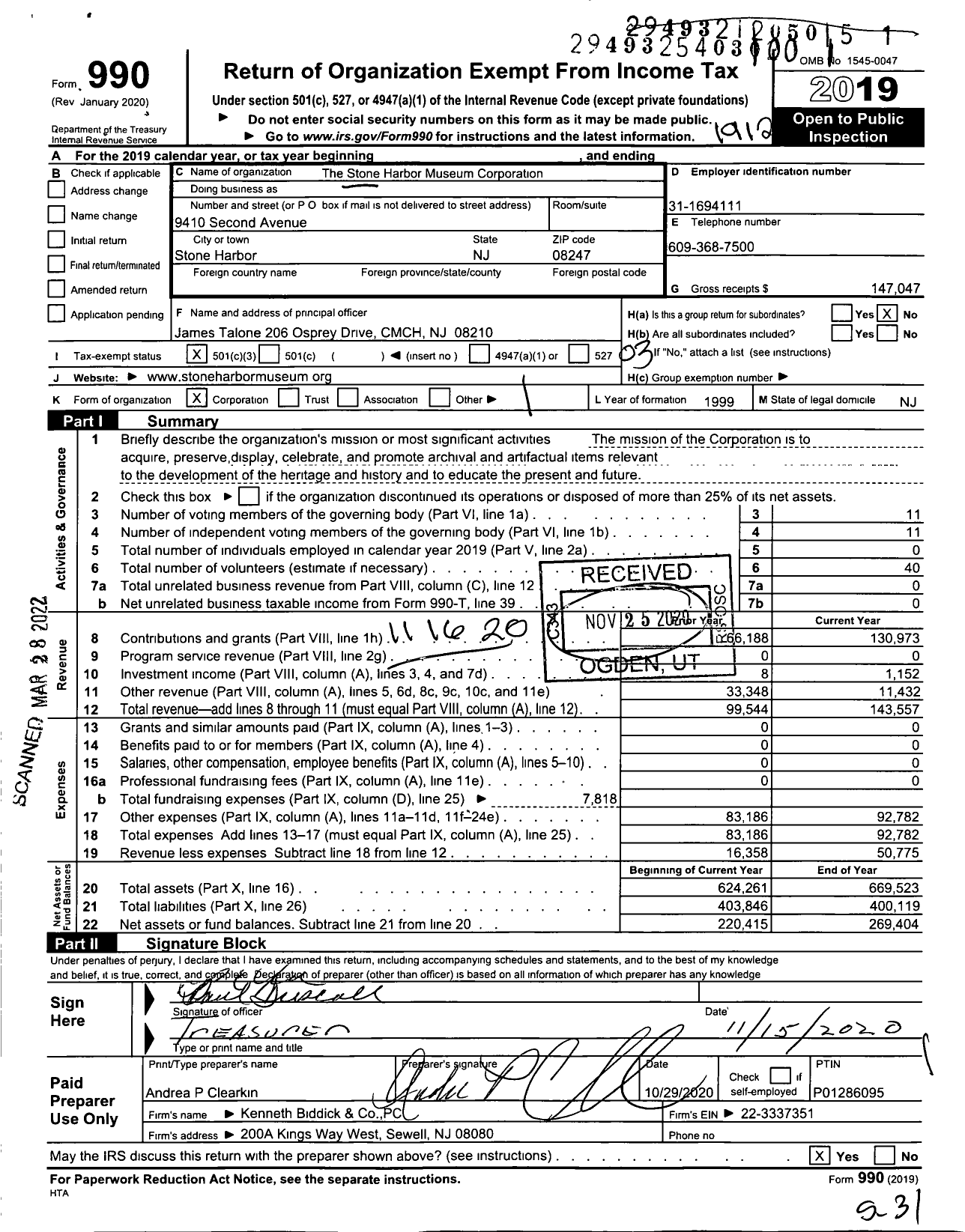 Image of first page of 2019 Form 990 for Stone Harbor Museum Corporation