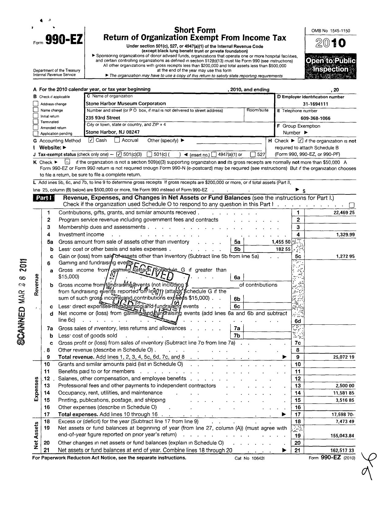 Image of first page of 2010 Form 990EZ for Stone Harbor Museum Corporation