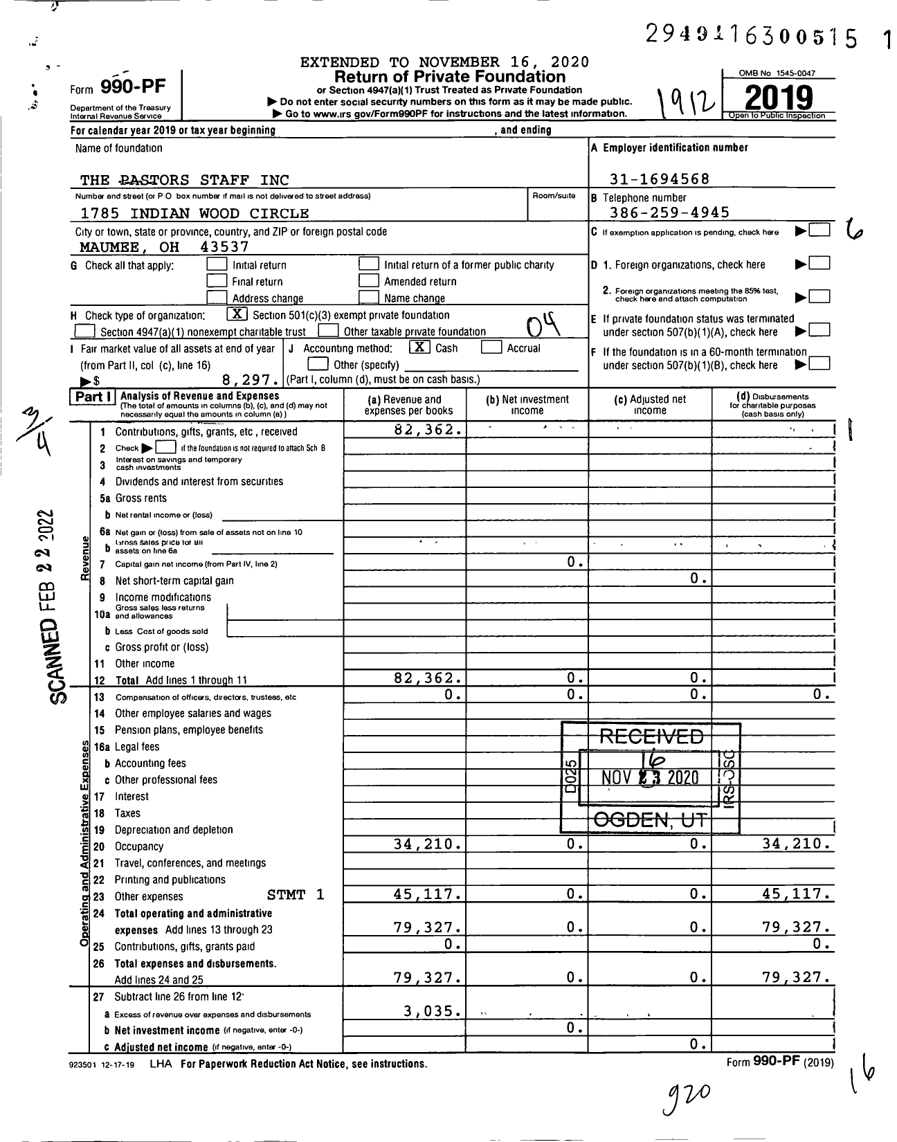 Image of first page of 2019 Form 990PF for The Pastors Staff