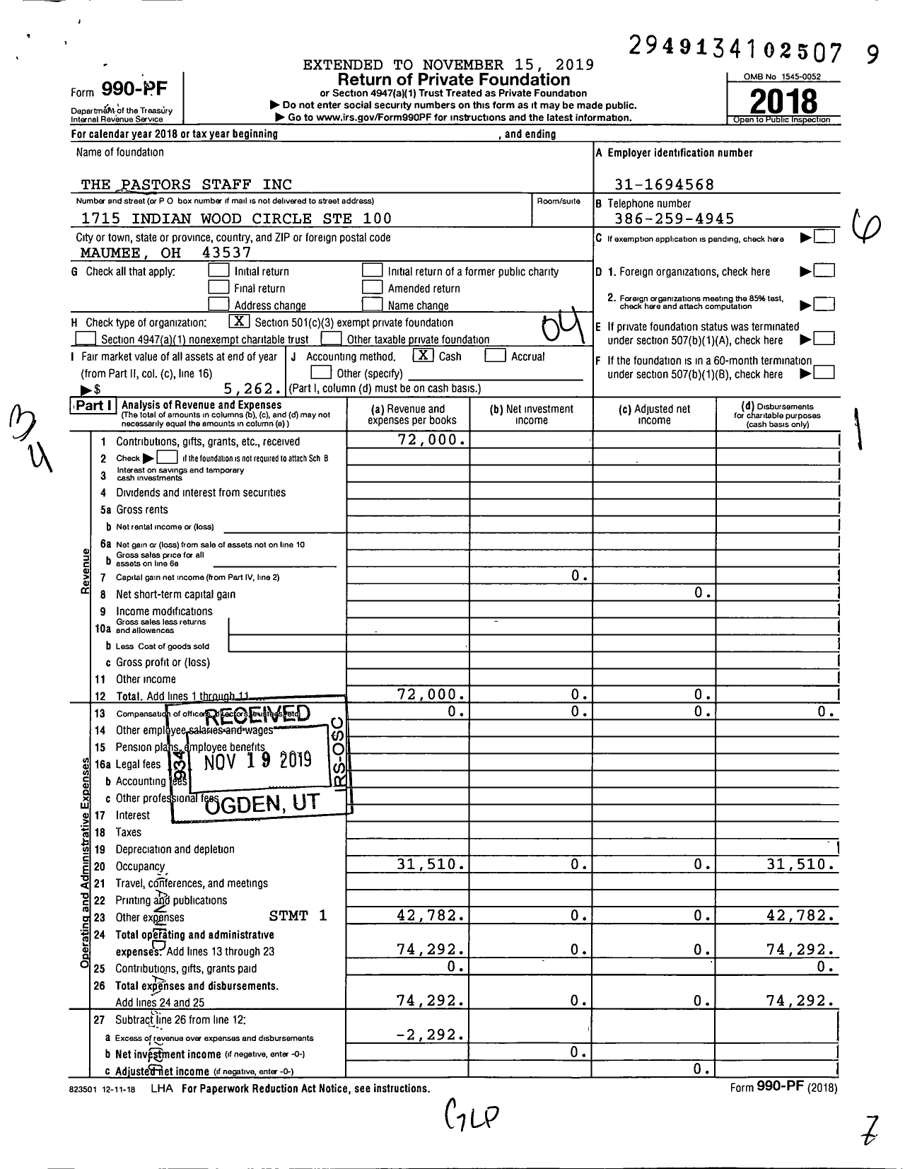 Image of first page of 2018 Form 990PF for The Pastors Staff