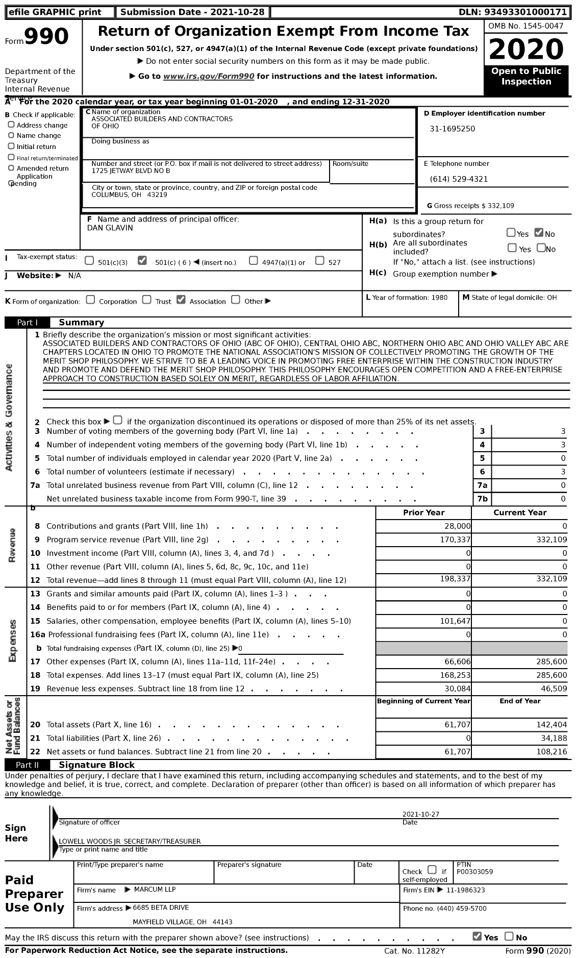 Image of first page of 2020 Form 990 for Associated Builders and Contractors of Ohio