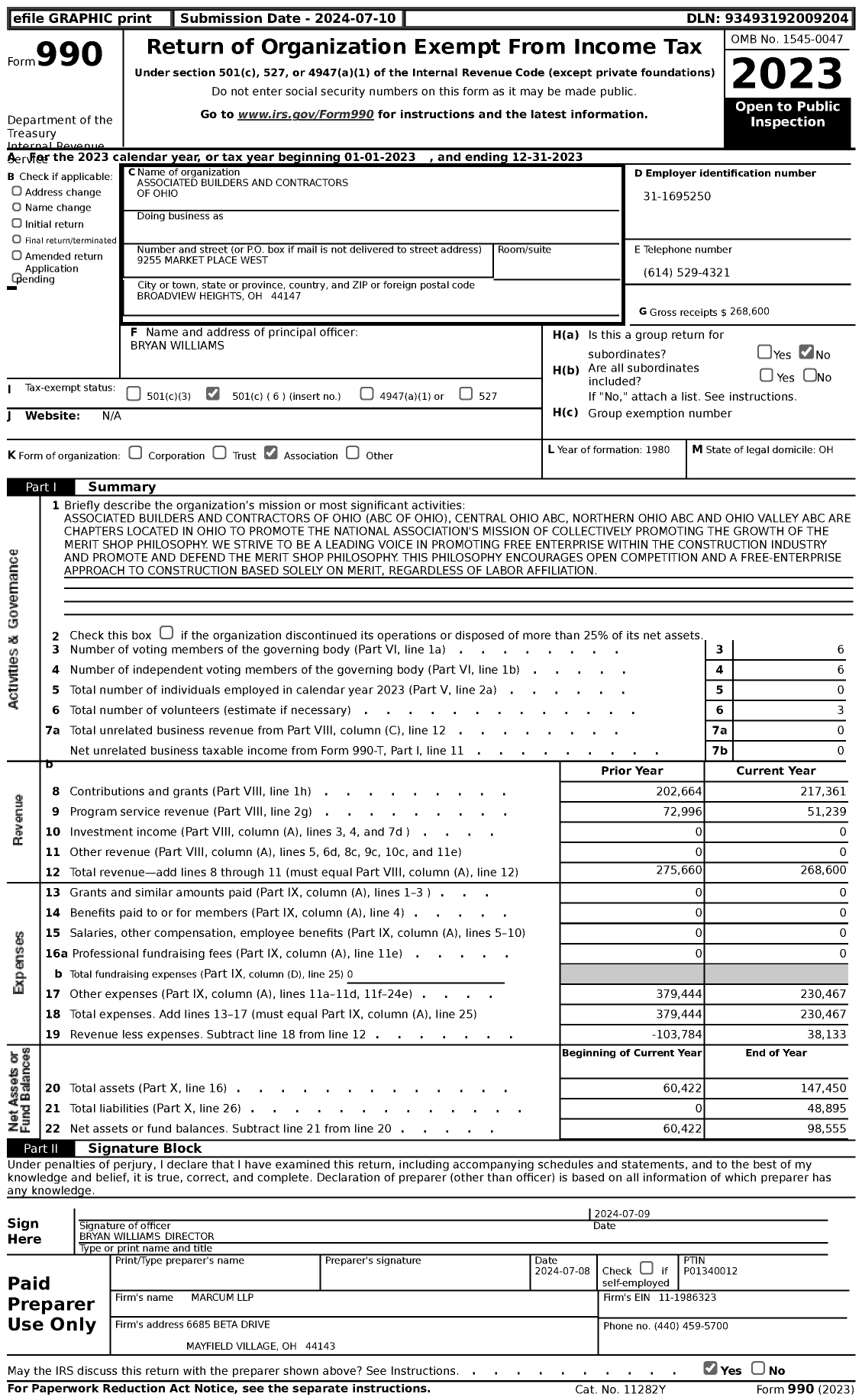 Image of first page of 2023 Form 990 for Associated Builders and Contractors of Ohio