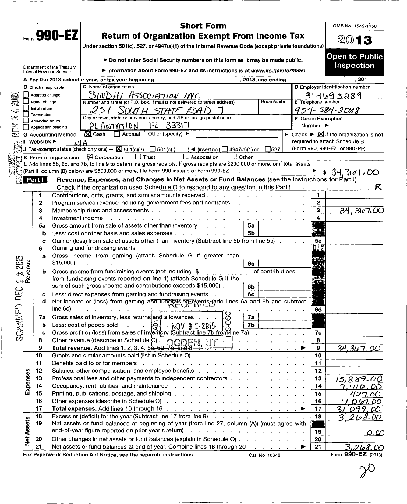 Image of first page of 2013 Form 990EZ for Sindhi Association of Florida