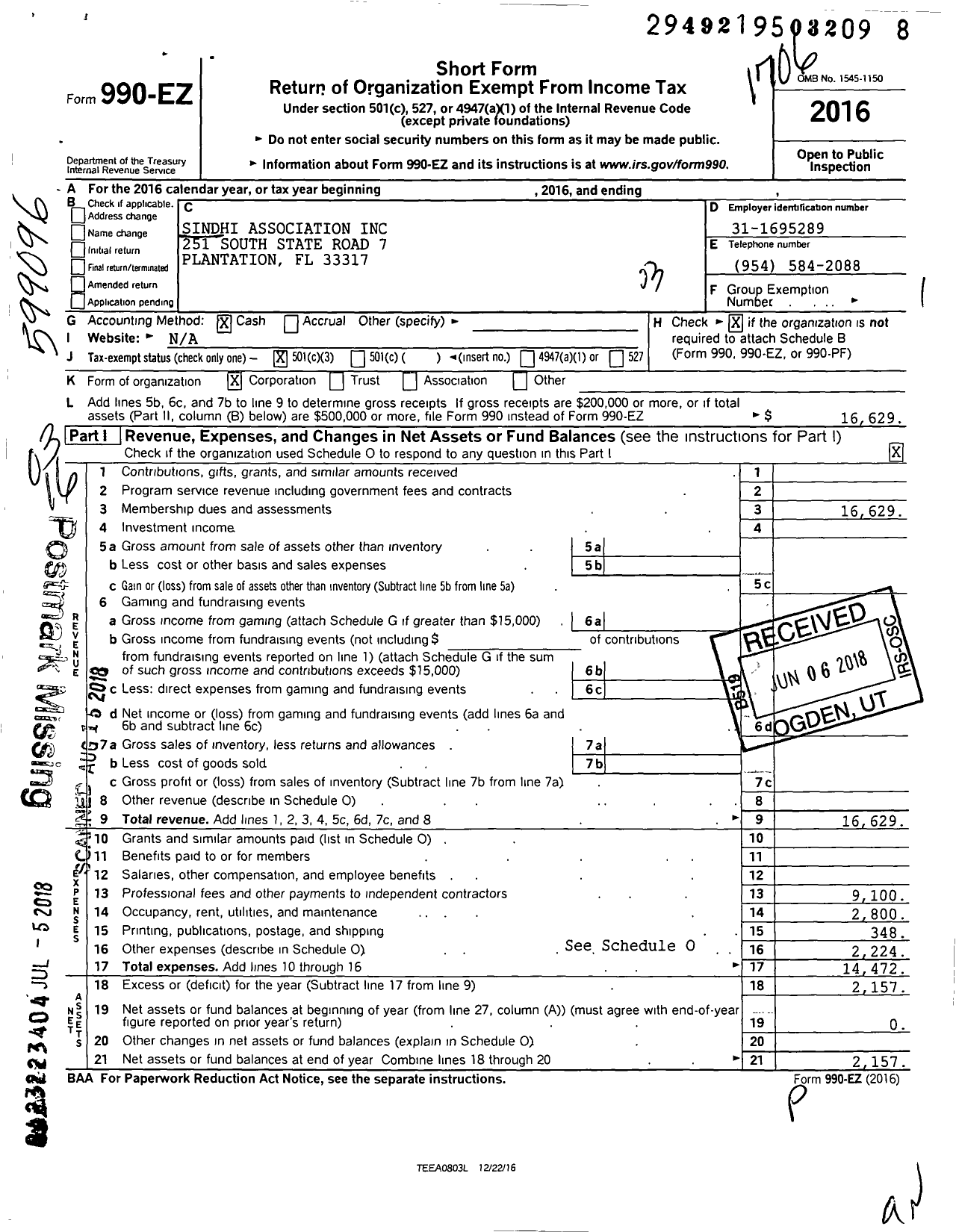 Image of first page of 2016 Form 990EZ for Sindhi Association of Florida