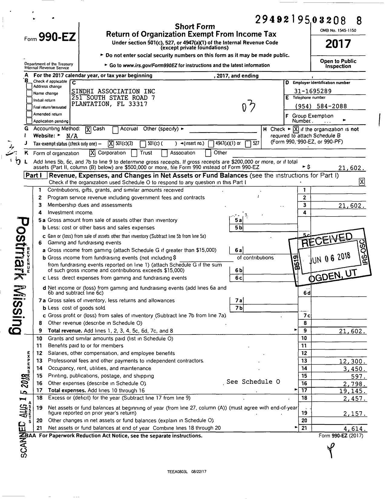 Image of first page of 2017 Form 990EZ for Sindhi Association of Florida