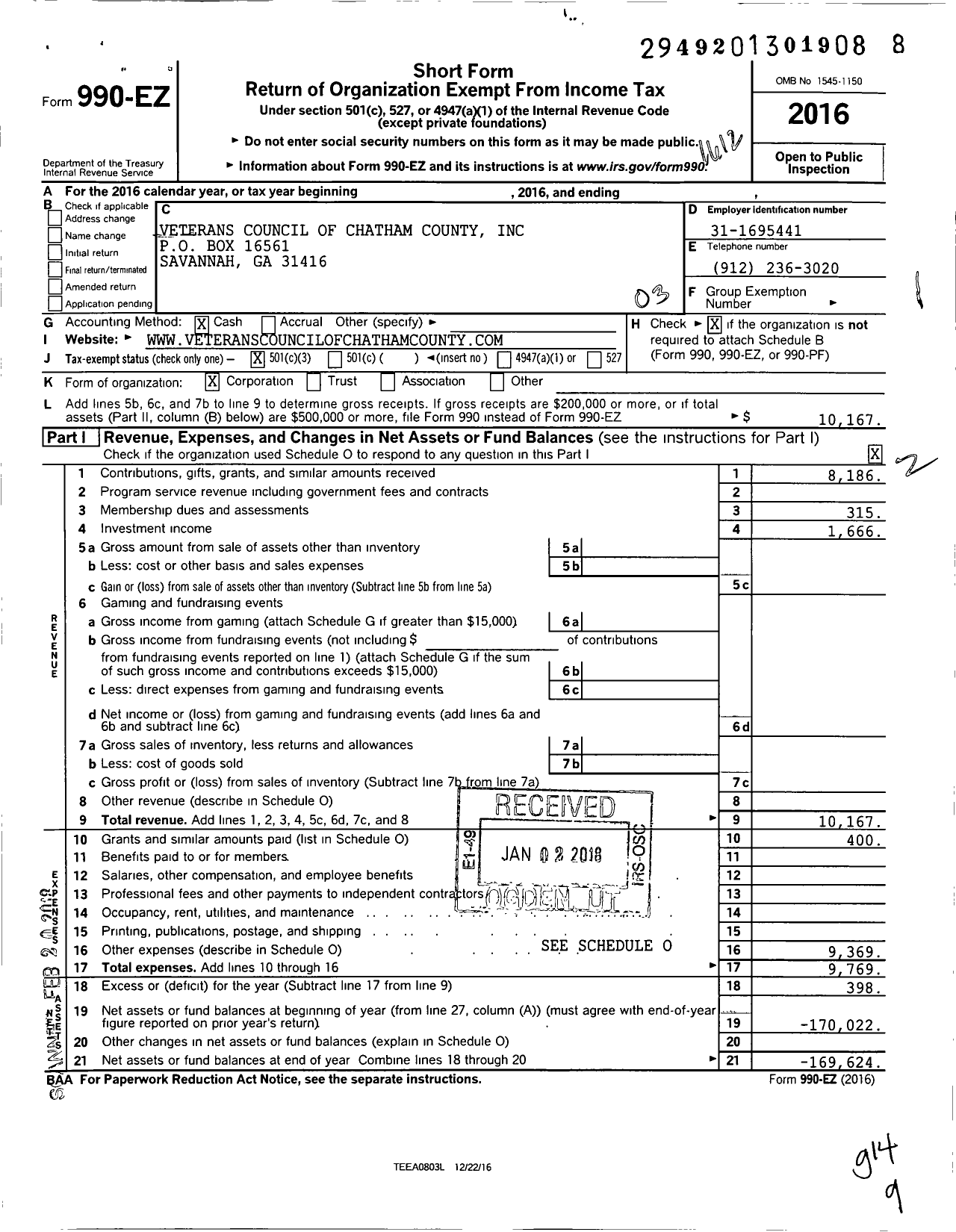 Image of first page of 2016 Form 990EZ for Veterans Council of Chatham County