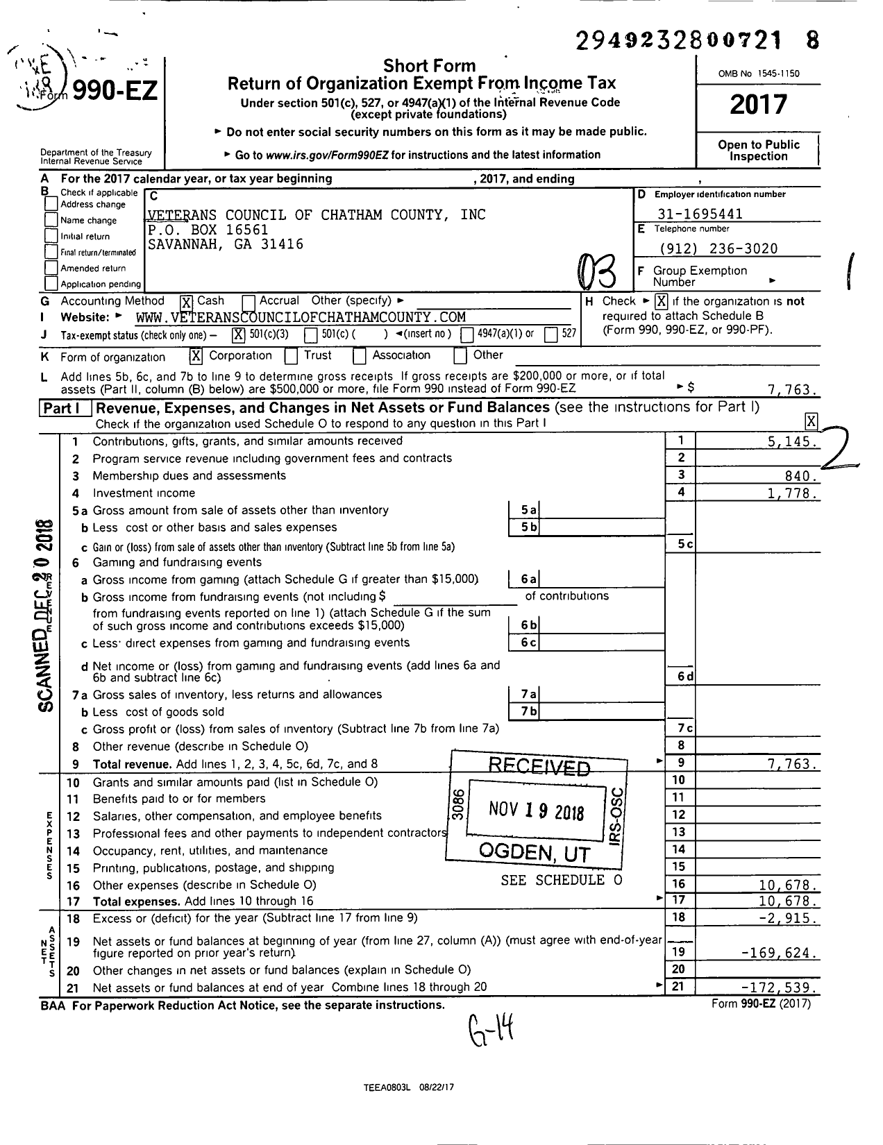 Image of first page of 2017 Form 990EZ for Veterans Council of Chatham County