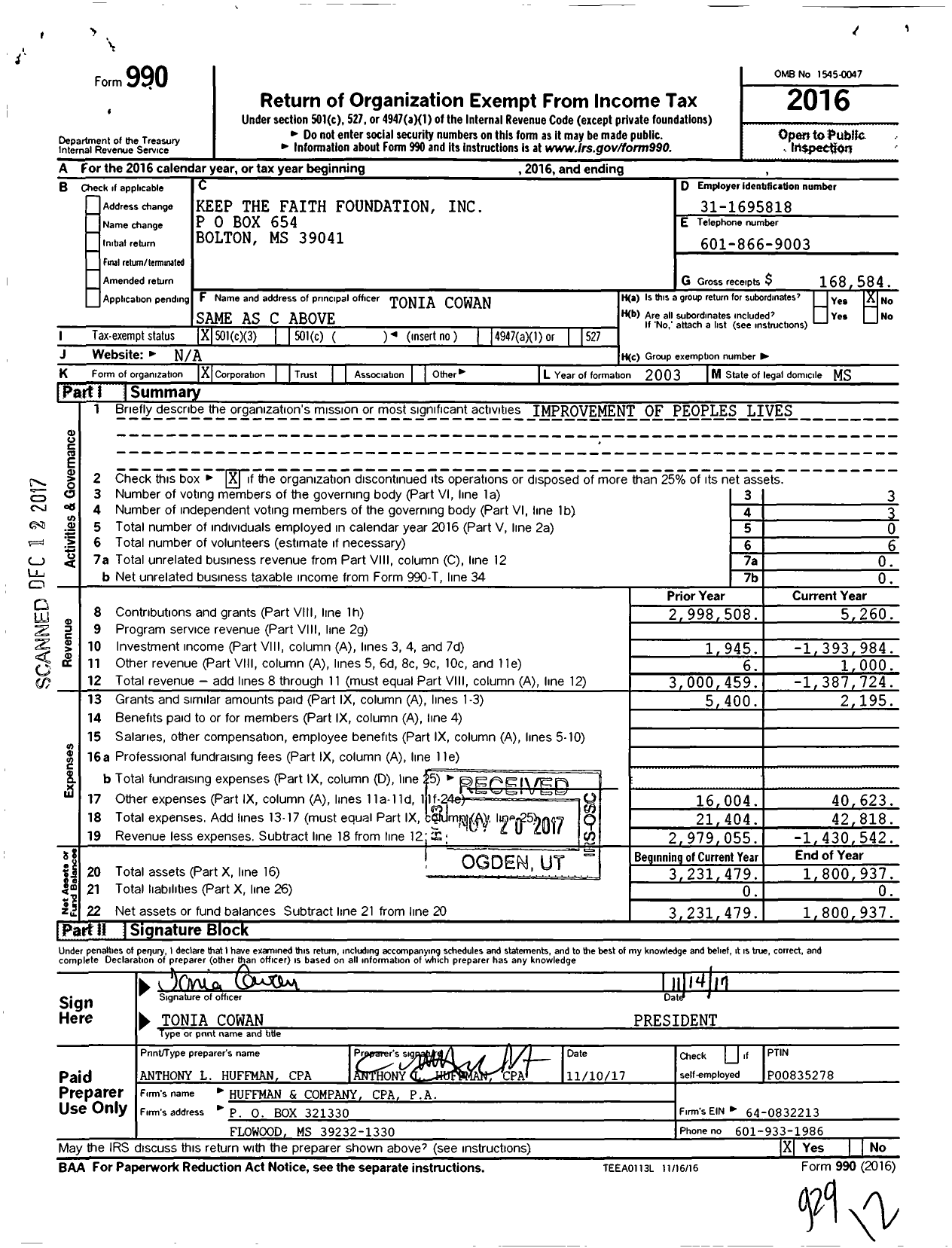 Image of first page of 2016 Form 990 for Keep the Faith Foundation