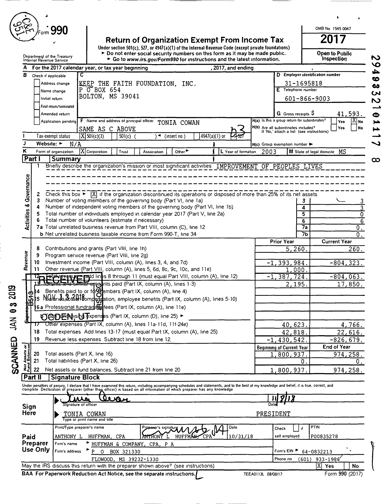 Image of first page of 2017 Form 990 for Keep the Faith Foundation