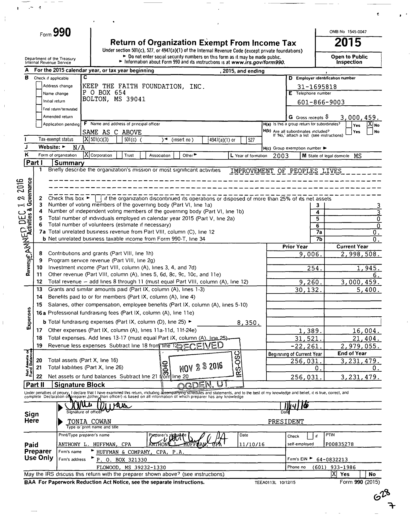 Image of first page of 2015 Form 990 for Keep the Faith Foundation