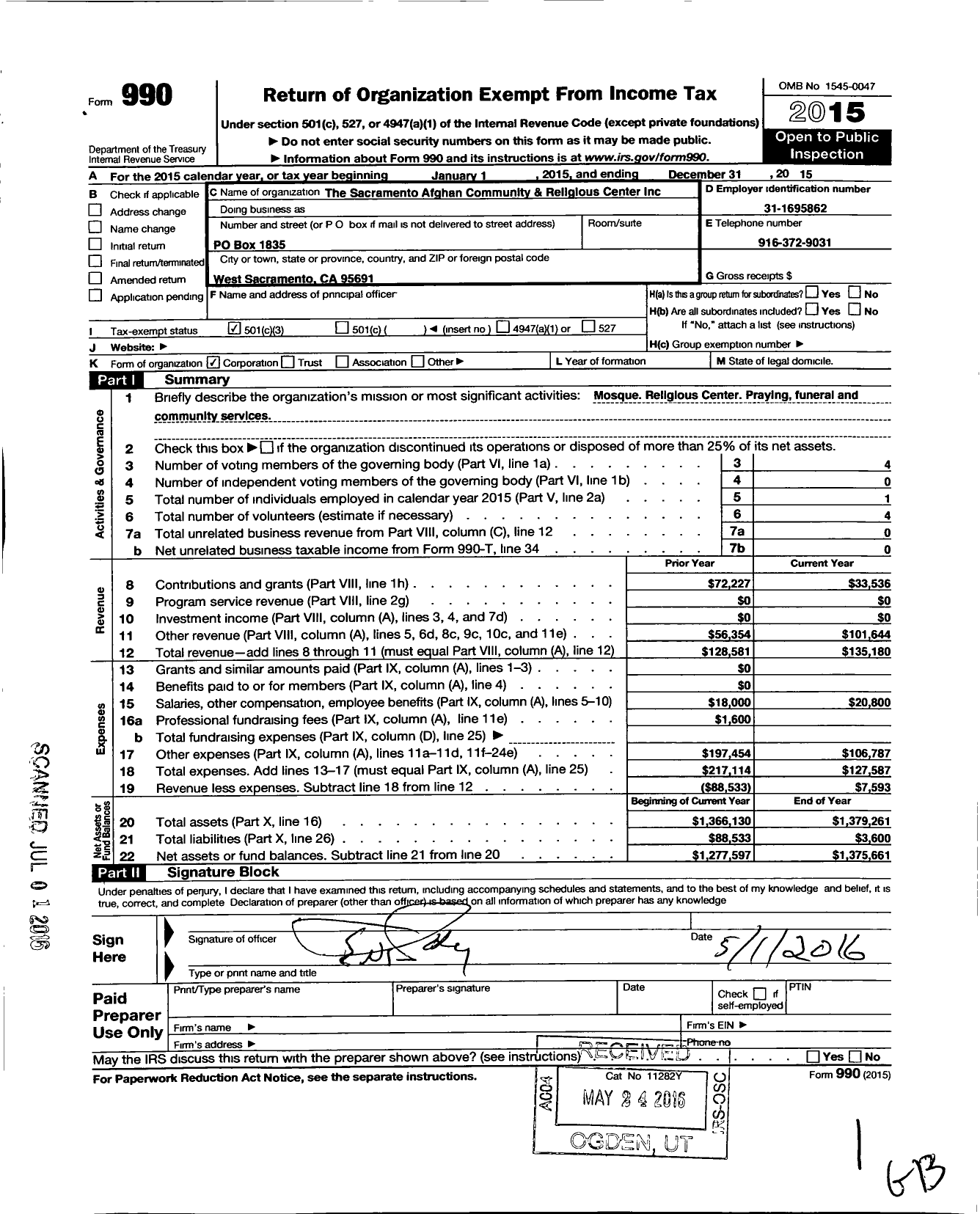 Image of first page of 2015 Form 990 for Sacramento Afghan Community and Religious Center