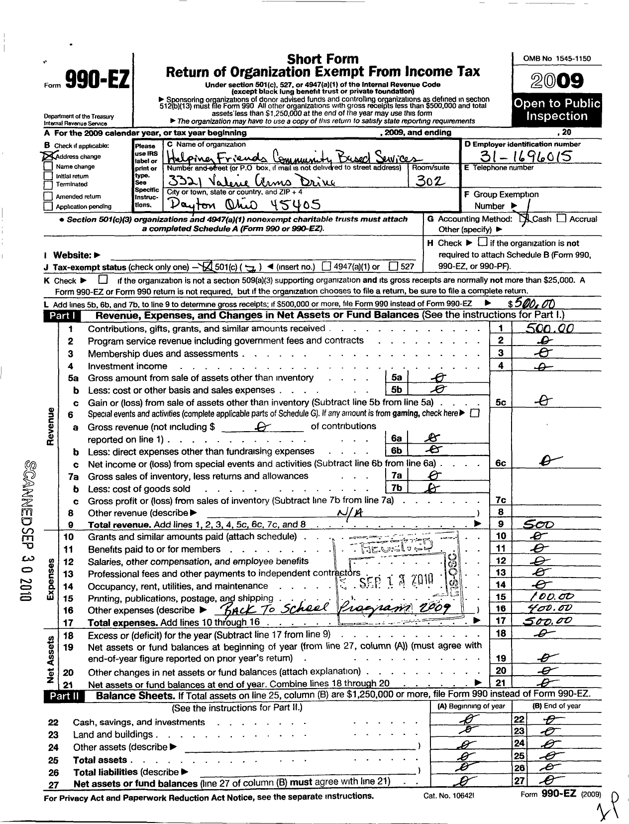 Image of first page of 2009 Form 990EO for Helping Friends