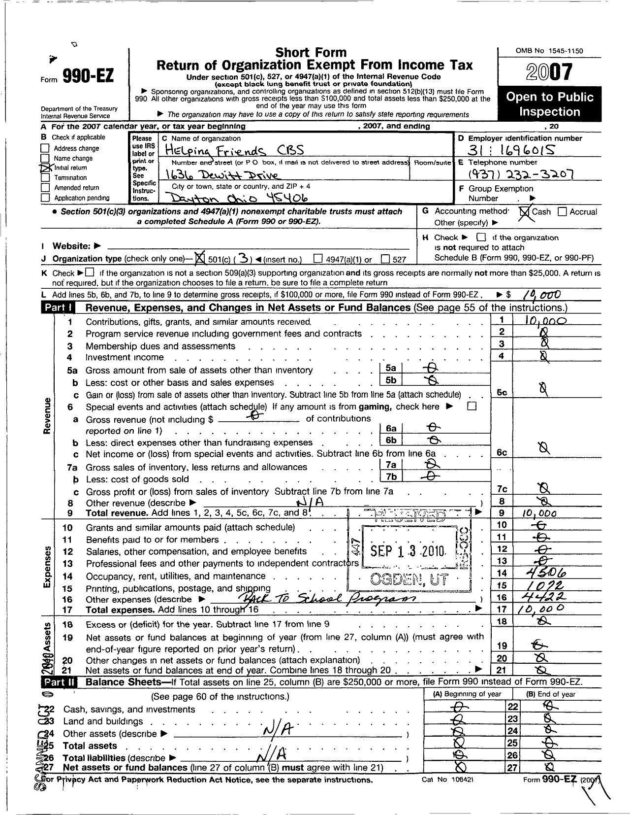 Image of first page of 2007 Form 990EZ for Helping Friends