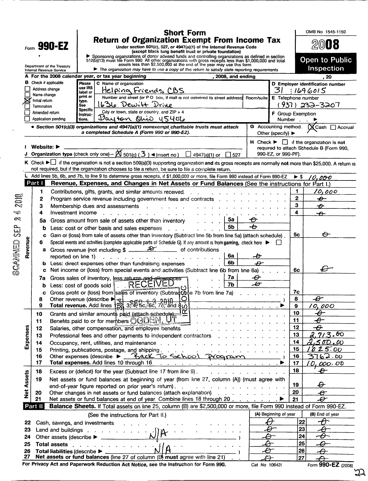 Image of first page of 2008 Form 990EZ for Helping Friends