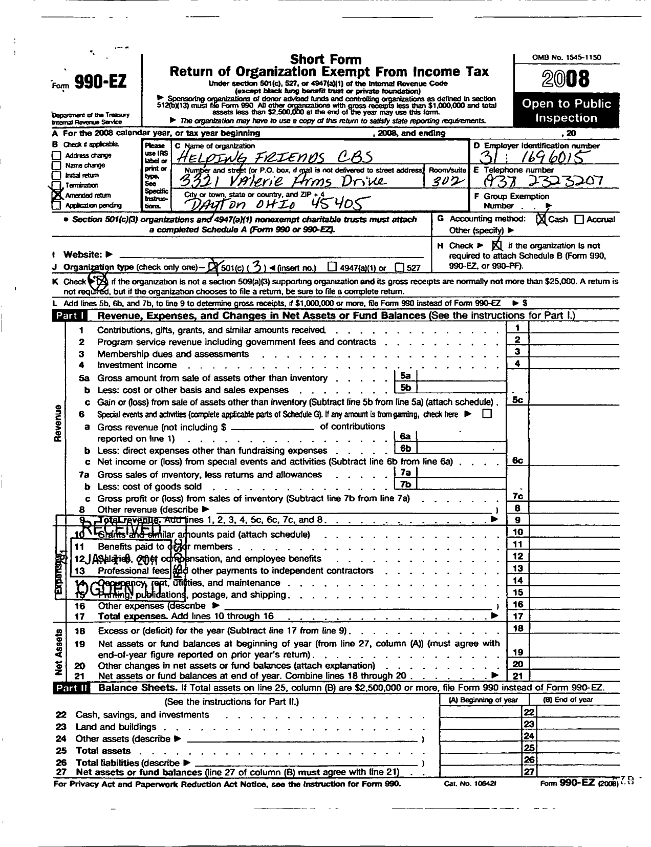 Image of first page of 2008 Form 990ER for Helping Friends