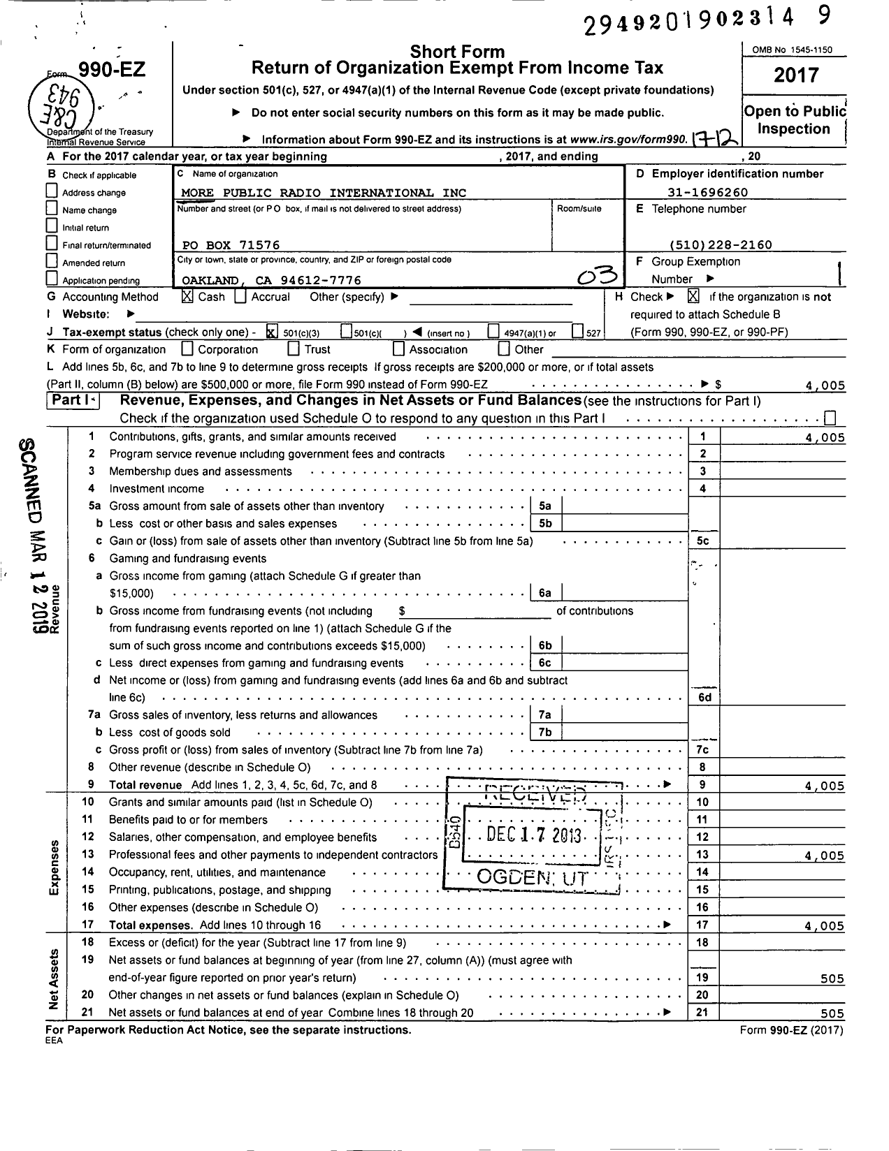 Image of first page of 2017 Form 990EZ for More Public Radio International