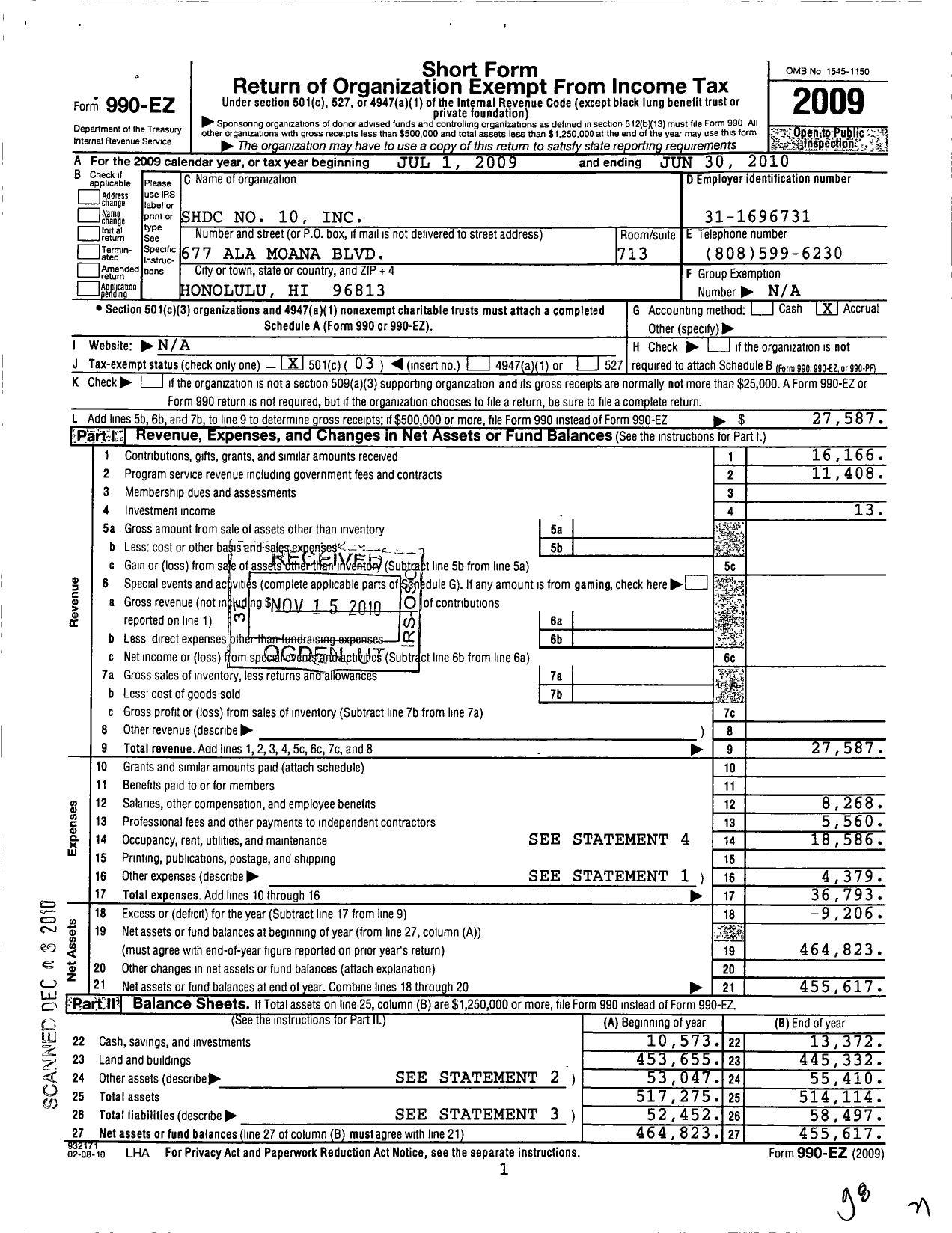 Image of first page of 2009 Form 990EZ for SHDC No 10