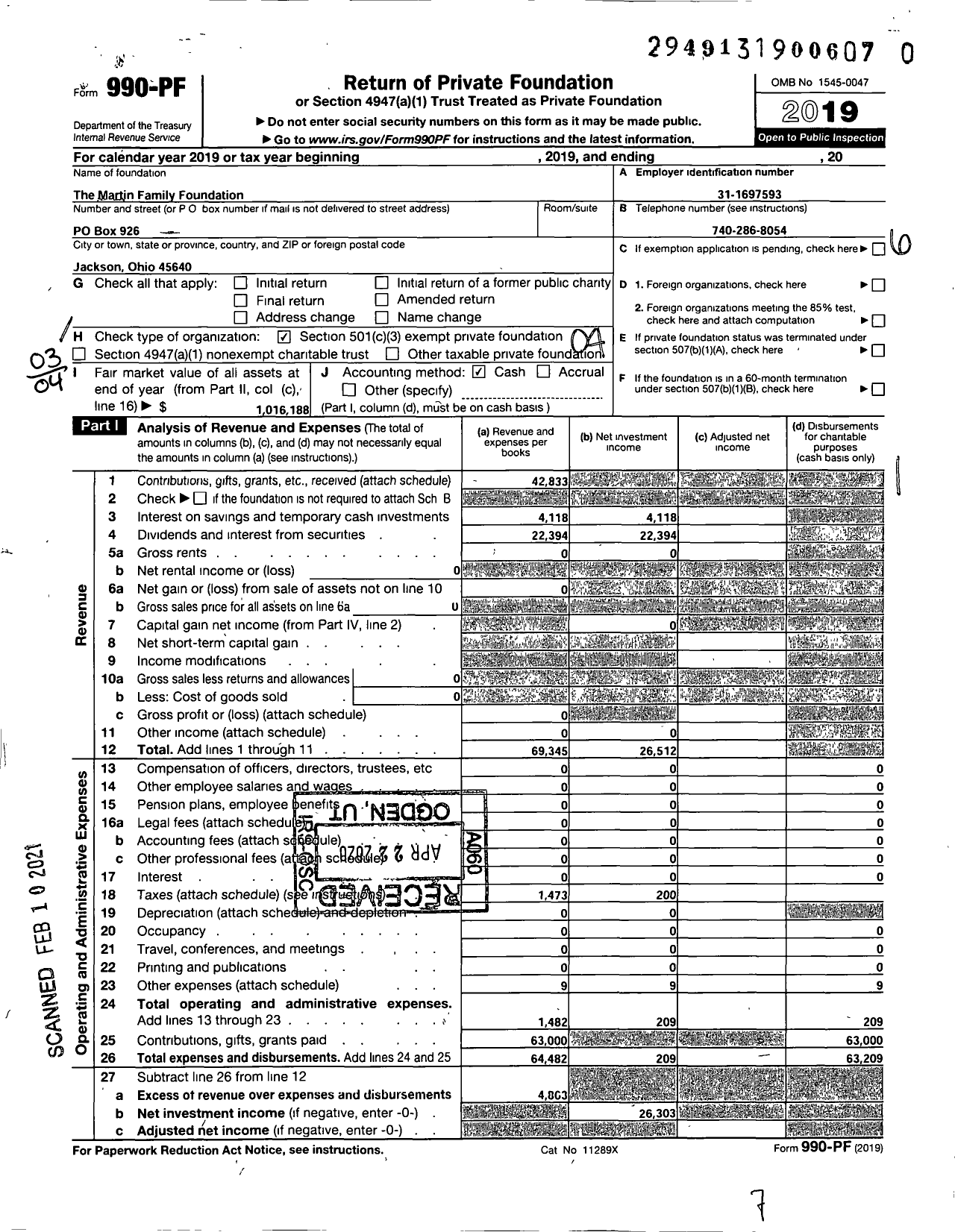 Image of first page of 2019 Form 990PF for The Martin Family Foundation / Martin William C Iii Ttee